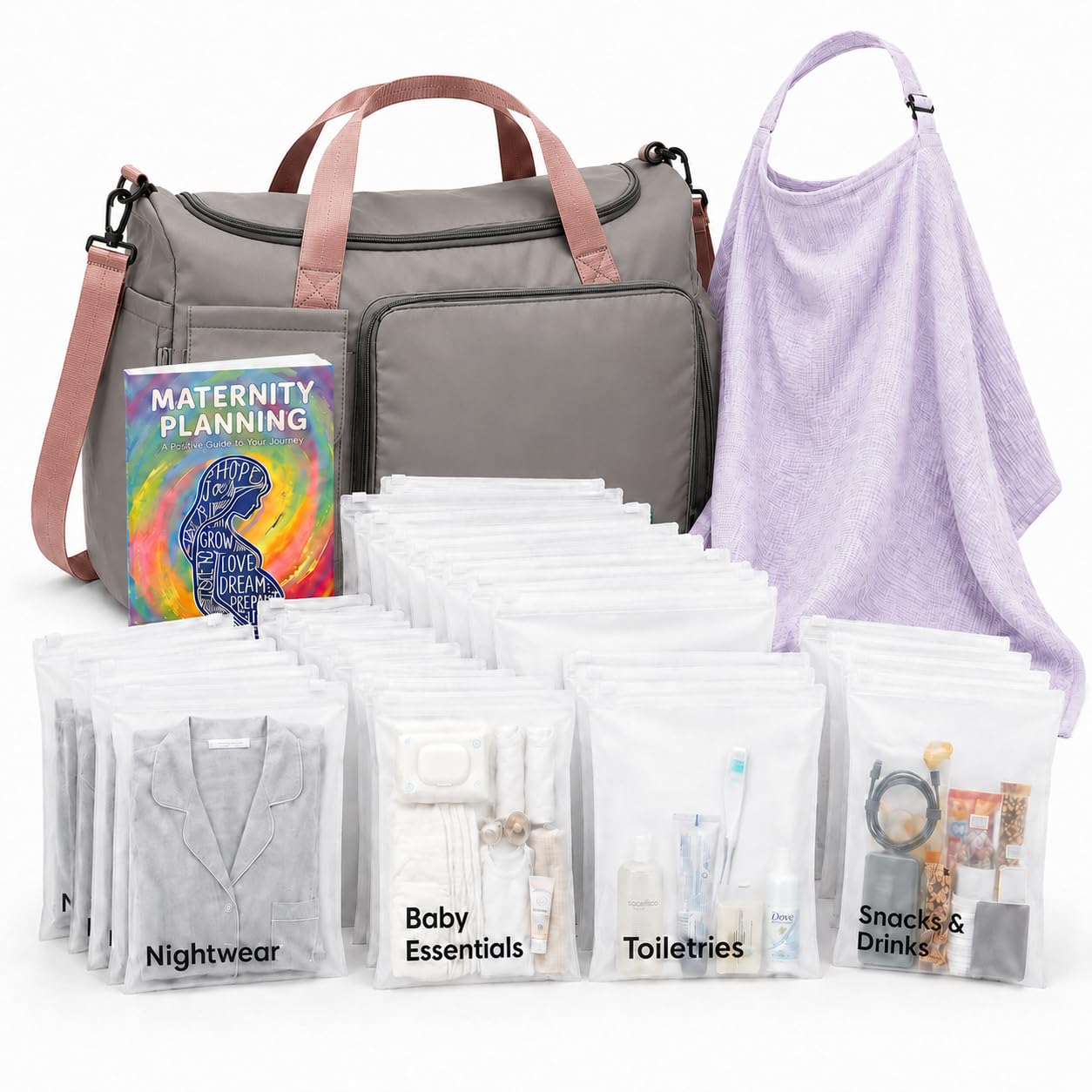 Pregnancy Bag For Hospital - Complete Labour And Delivery Set With Hospital Bag, 21 Organiser Pouches, Planner Book & Nursing Shawl - Premium Expectant Mum Hamper & Baby Shower Set, Grey