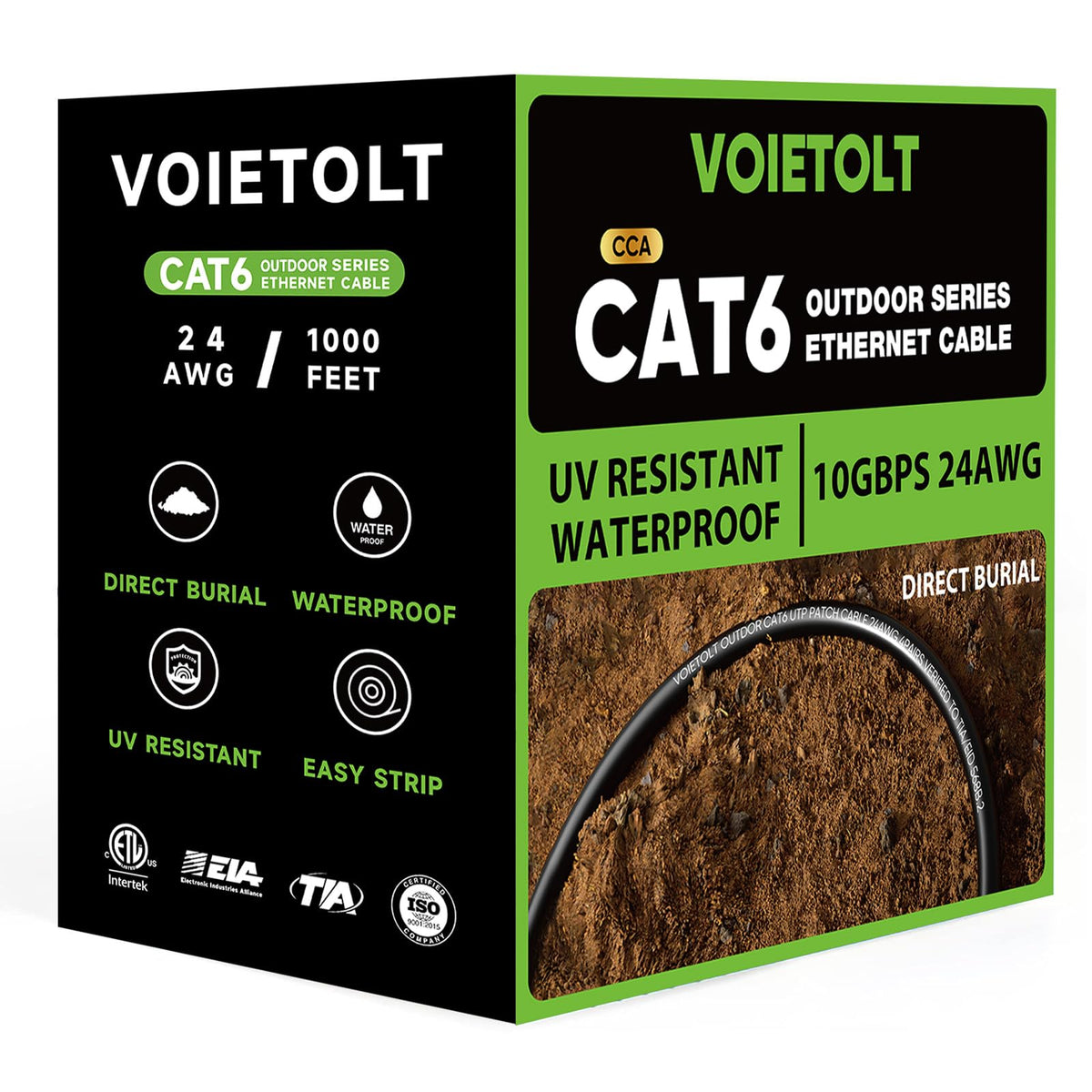 Outdoor Cat 6 Ethernet Cable 75m, Water Resistant Direct Burial LLDPE UV Jacket - 24AWG 10Gbps High Speed Gigabit Internet Network Cable - CCA, UTP with 80 Ties - Black