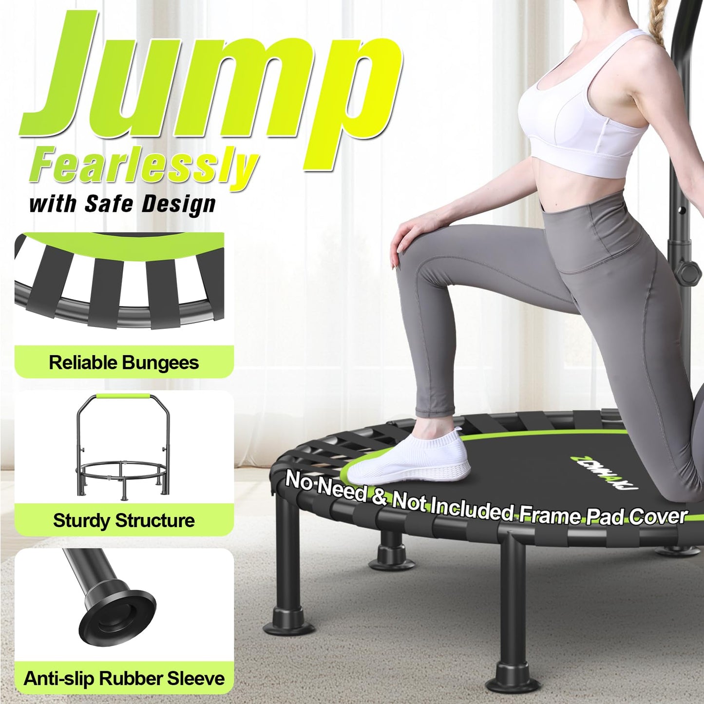 ZCMHAXJ Foldable Mini Trampoline, 40" Rebounder Trampoline for Adults & Kids, 450lbs Capacity with/without U/T-Shaped Adjustable Bar, Indoor Fitness Workout Exercise Equipment