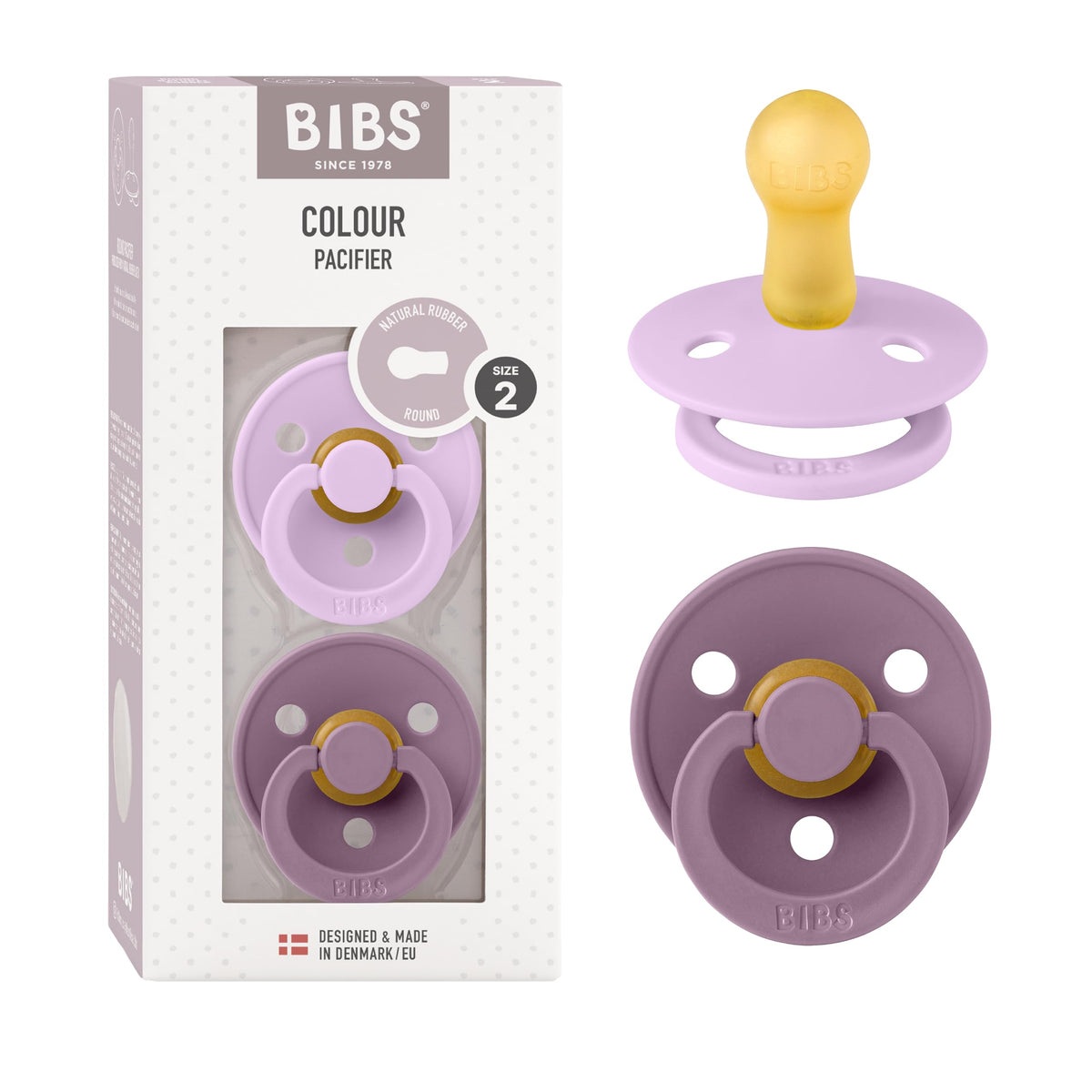 BIBS Colour Soother 2-Pack, BPA Free Dummy Pacifier, Round Nipple. Natural Rubber Latex, Made in Denmark, Size 2 (6-18 Months), Baby Blue