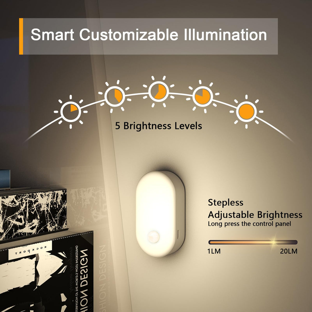Lyridz Motion Sensor Night Light, Mini USB Rechargeable LED Night Light Kids, Stick on Anywhere Warm White Dimming Lighting for Corridor,Staircase,Bedroom,Children's Room,2 Pack
