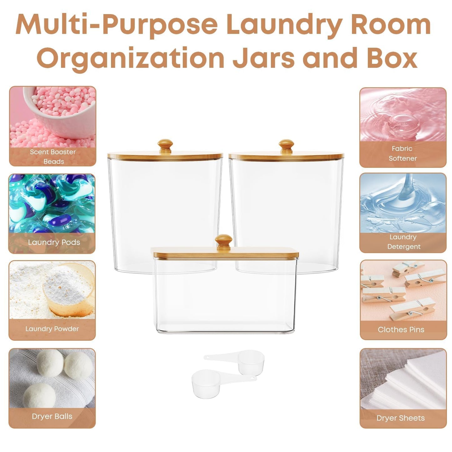 3-Pack Clear Laundry Pods Storage Container with Bamboo Lid, Labels & Scoop – Washing Pods Holder for Powder, Dishwasher Tablets, Scent Booster – Laundry, Bathroom, Kitchen Organization(Square)