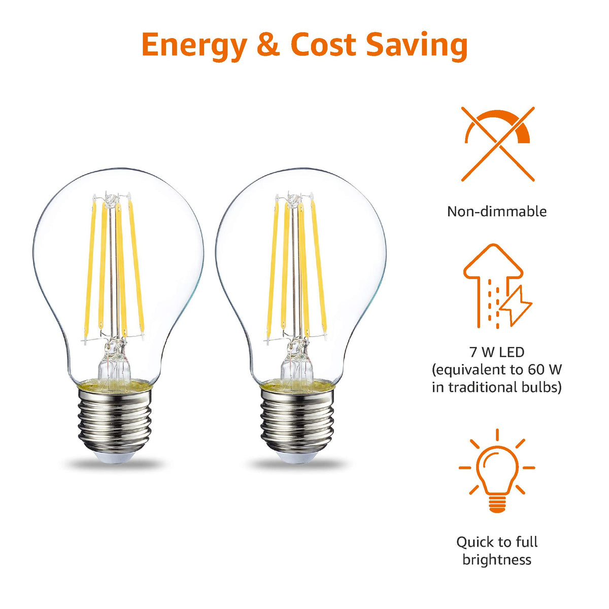 Amazon Basics LED E27 Edison Screw Bulb, 7W (Equivalent to 60W), Clear Filament, Warm White, Non Dimmable - Pack of 6