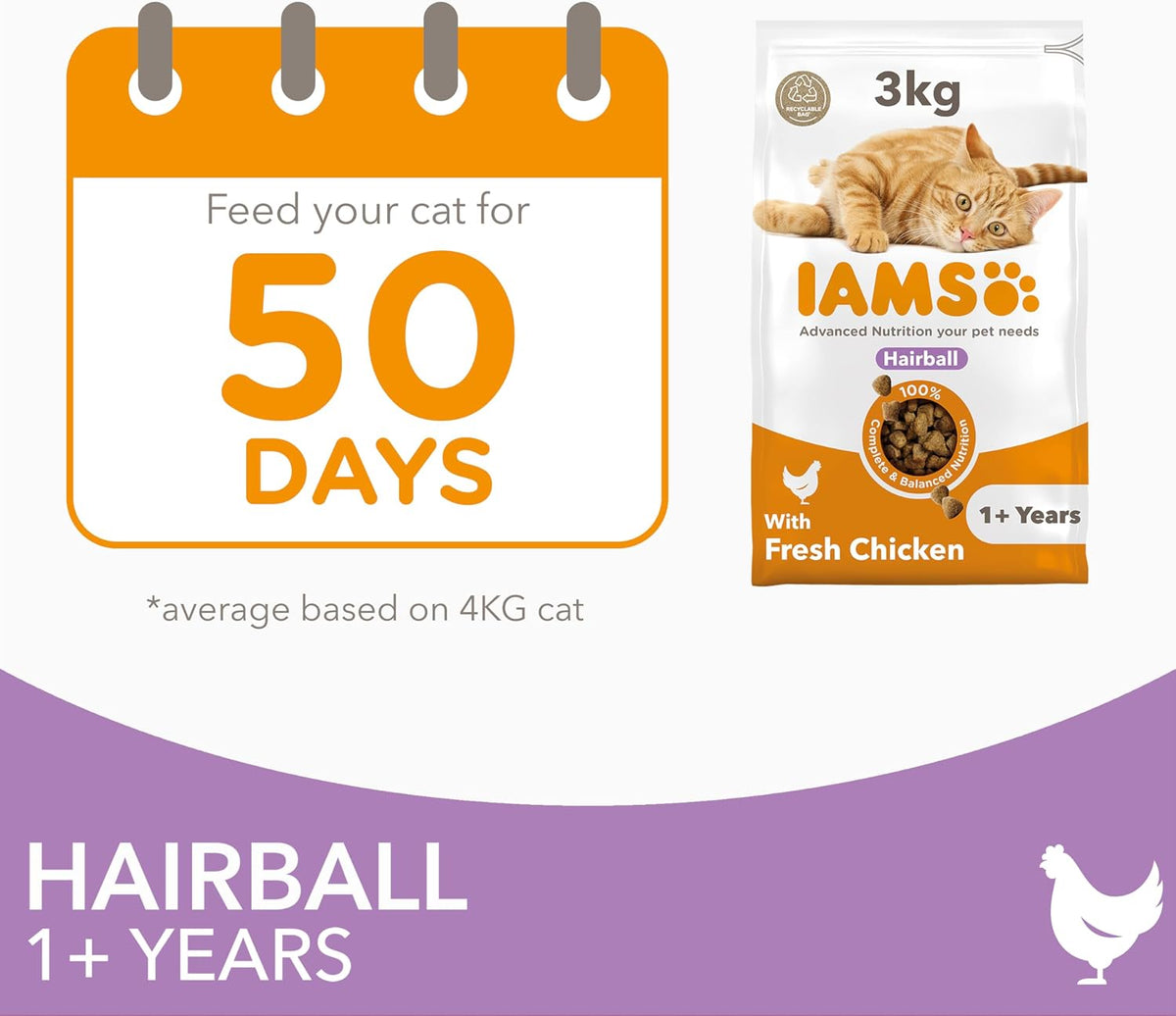 IAMS Hairball Complete Dry Cat Food Chicken 3kg - Significantly Reduces Hairball Formation