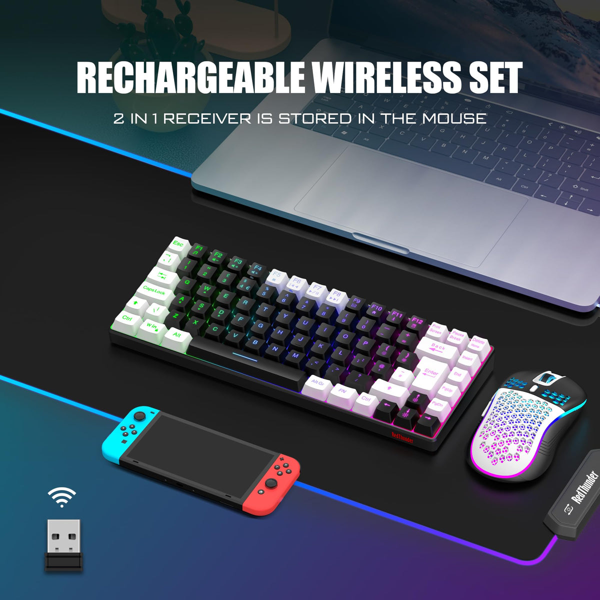 RedThunder K84 75% Wireless Gaming Keyboard and Mouse Rainbow Backlight UK Layout 85 Keys TKL Ultra Compact Mini Design Lightweight Honeycomb Gaming Mouse for PC Mac PS5 Xbox Office Gamers