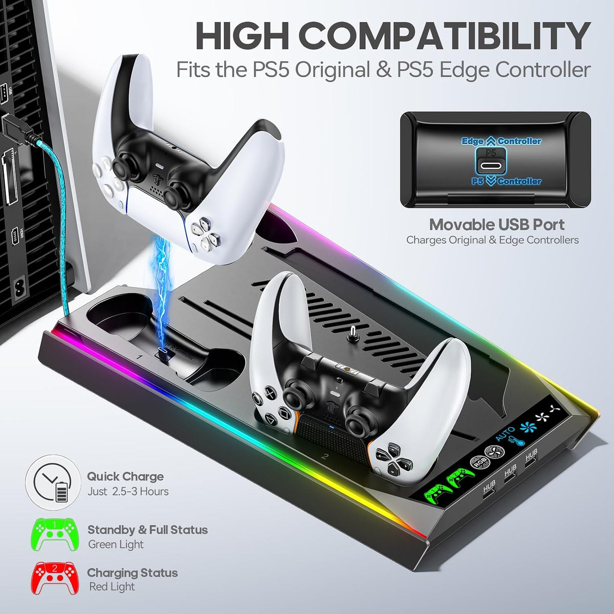 Rysker PS5/Slim/Pro Stand, PS5 Cooling Station Built-in 3-Level Cooling Fan & Fast Charger for Disc & Digital, PS 5 Accessories with Safety Screw and Headset Holder