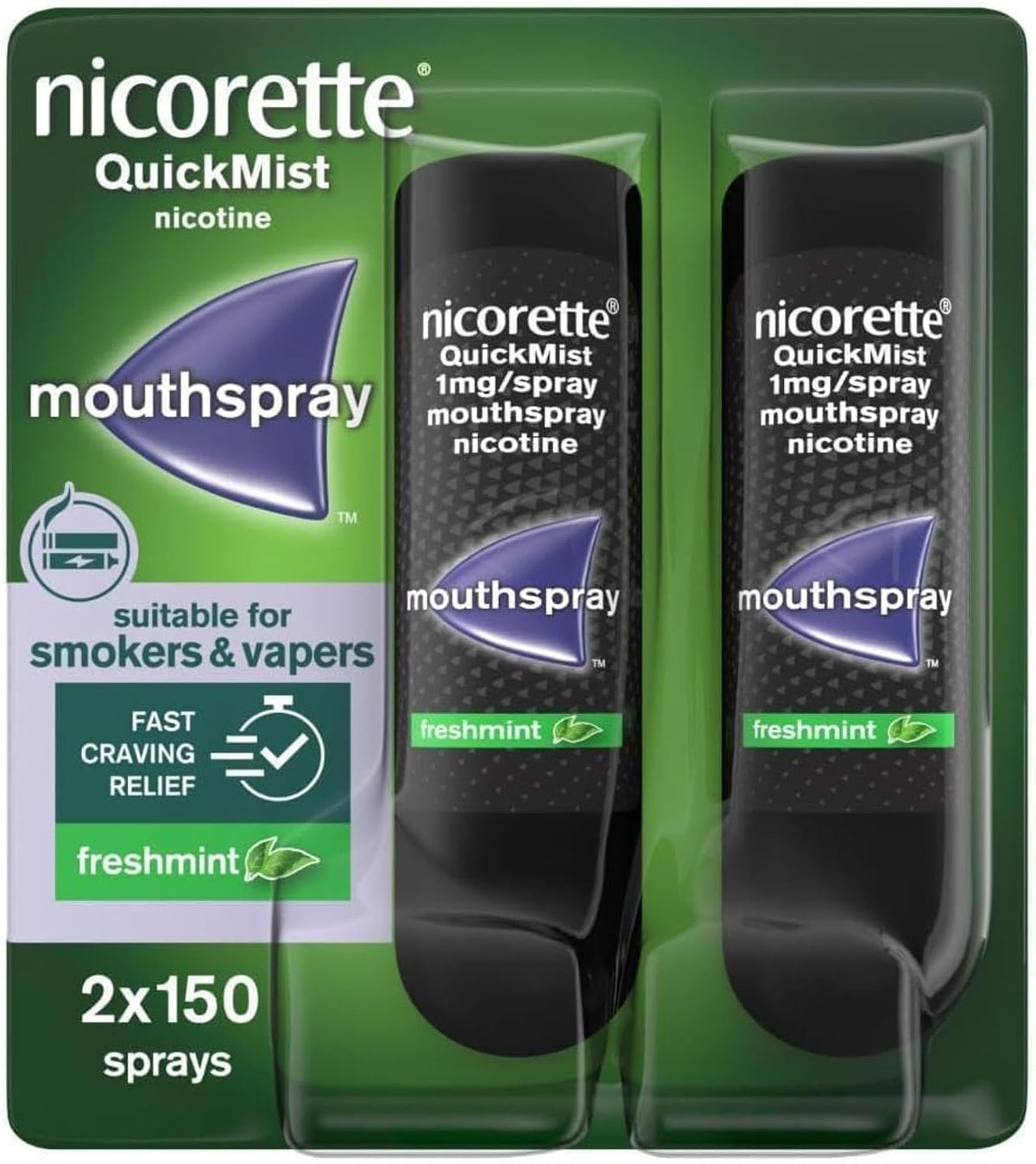 Nicorette Quickmist Mouthspray, Freshmint Nicotine Mouthspray, 2 Units x 150 Sprays (Packaging May Vary)
