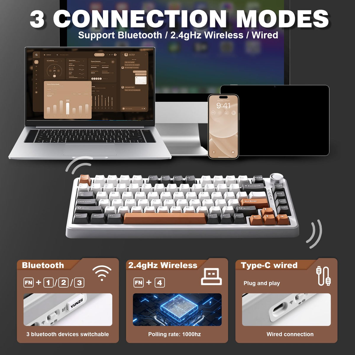 YUNZII B75 PRO 75% Wireless Mechanical Keyboard (Black Heart,Cocoa Switch)