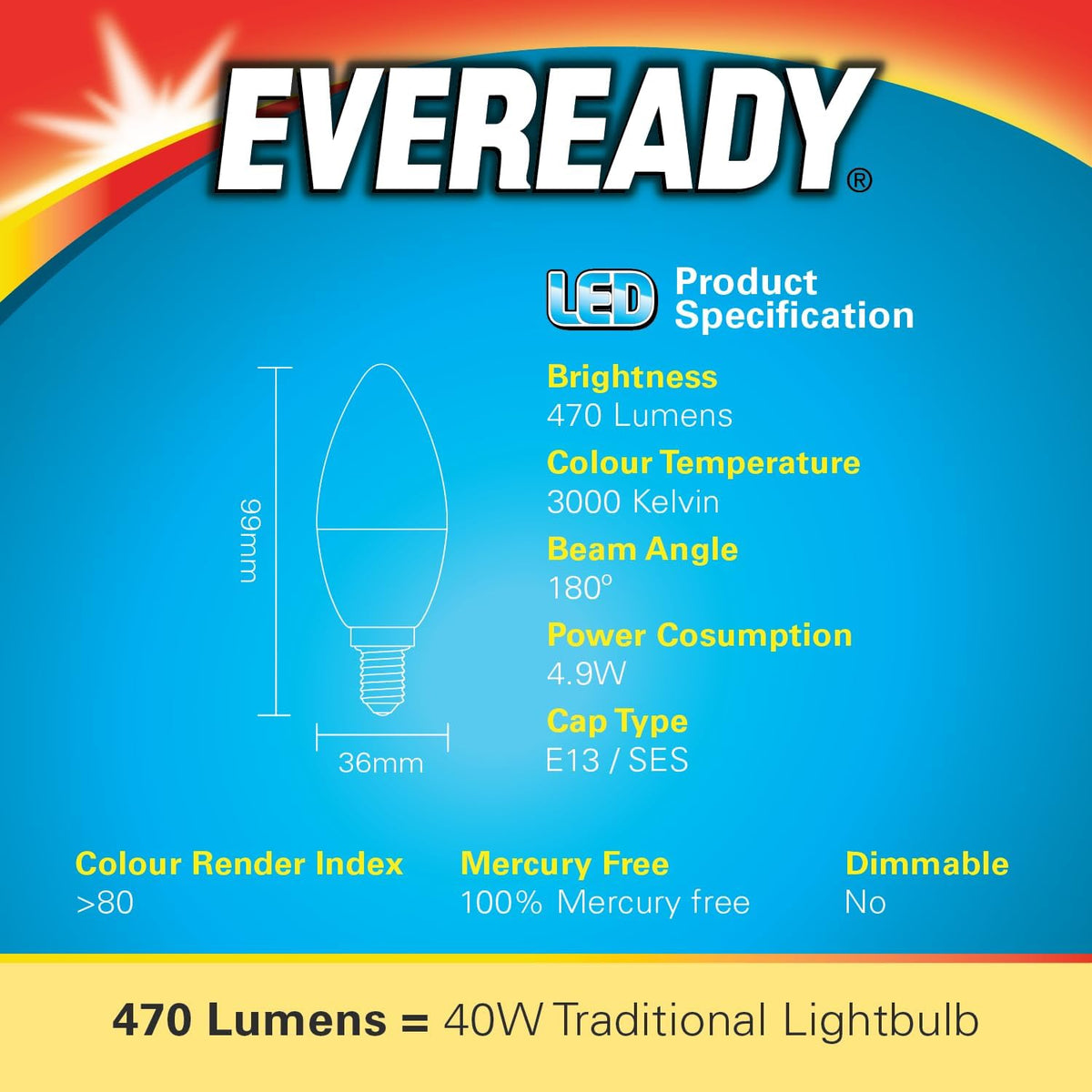 Eveready E14 LED Light Bulb, Warm White 3000K, 40W Equivalent, 470 Lumen LED Candle Bulb, SES Small Edison Screw Light Bulbs, Non-Dimmable, Pack of 3