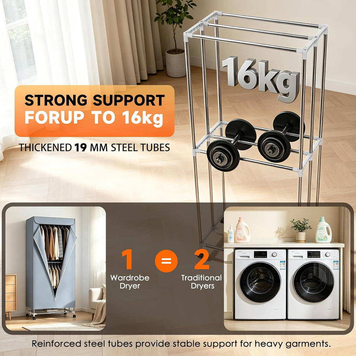 Feenao Heated Clothes Airer with Cover, 30-Min Fast Drying Clothes Dryer, Portable Indoor Laundry Dryer 16kg Large Capacity Double Layer Drying Rack, Lockable Wheels, Compact Dryer for Flats & Homes