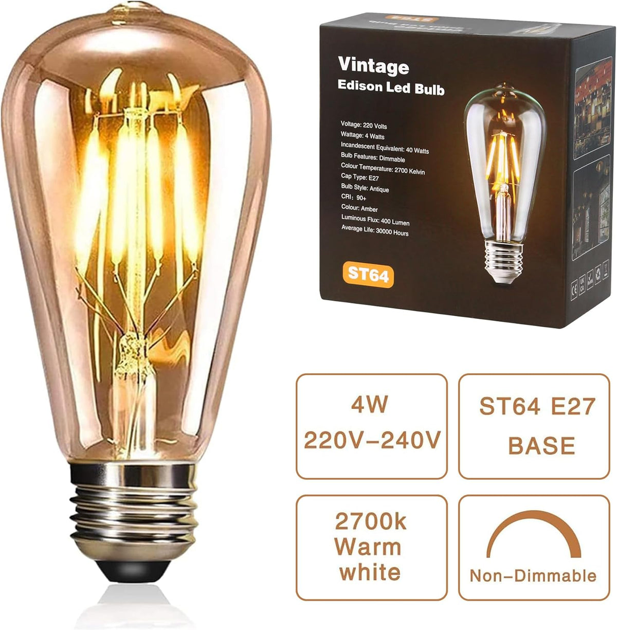 YOUDIAN E27 LED Edison Screw Bulb,Vintage Light Bulb ST64 4W(Pack of 2)