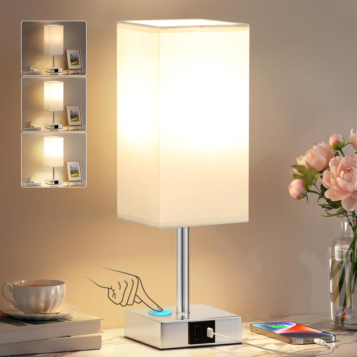 Pink Touch Lamp, Bed Lamp with Dual USB Charging Ports, Pink-Base (Bulb Included)