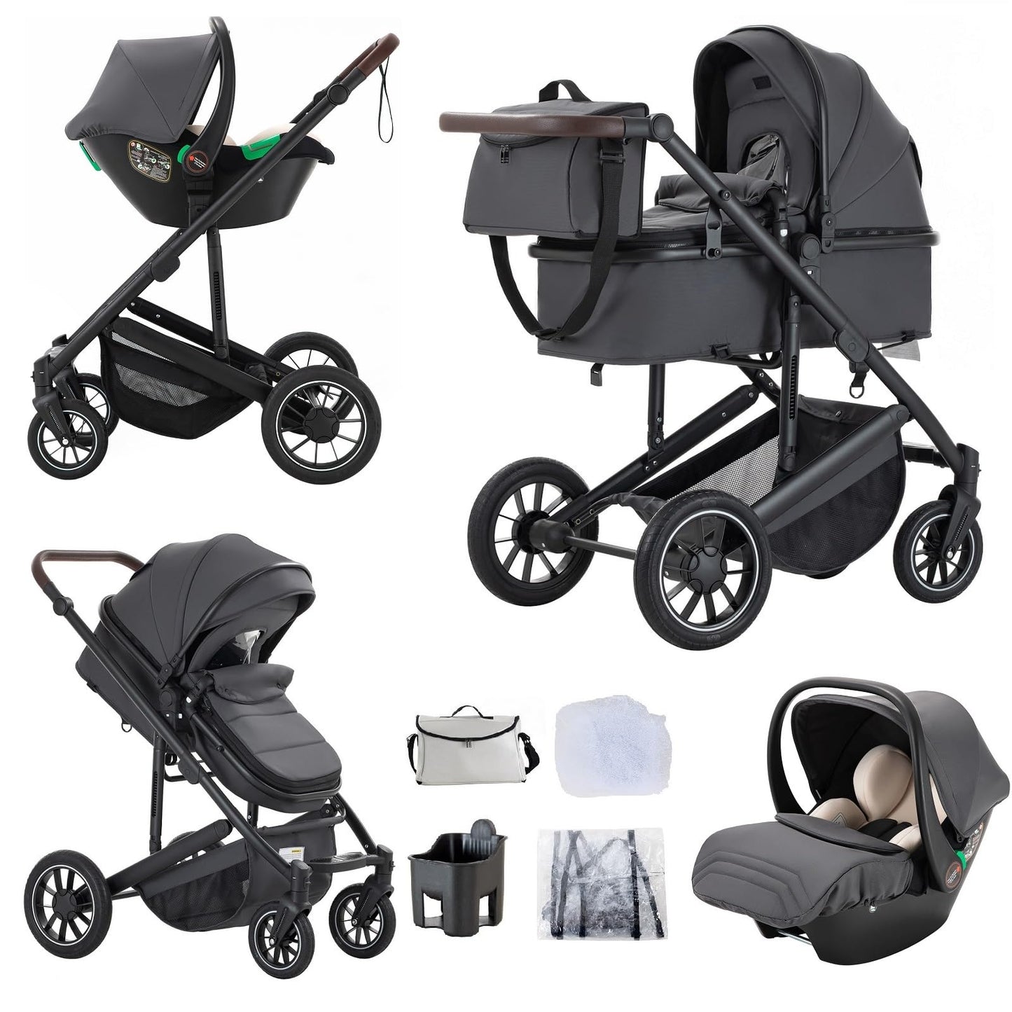 Baby Stroller 3 in 1,Travel Pushchair's Lie-Flat Pram is Foldable, Stroller System Handle is Adjustable, The Wheels are Made of PU Material, Suitable for 0-3 Years-Khaki