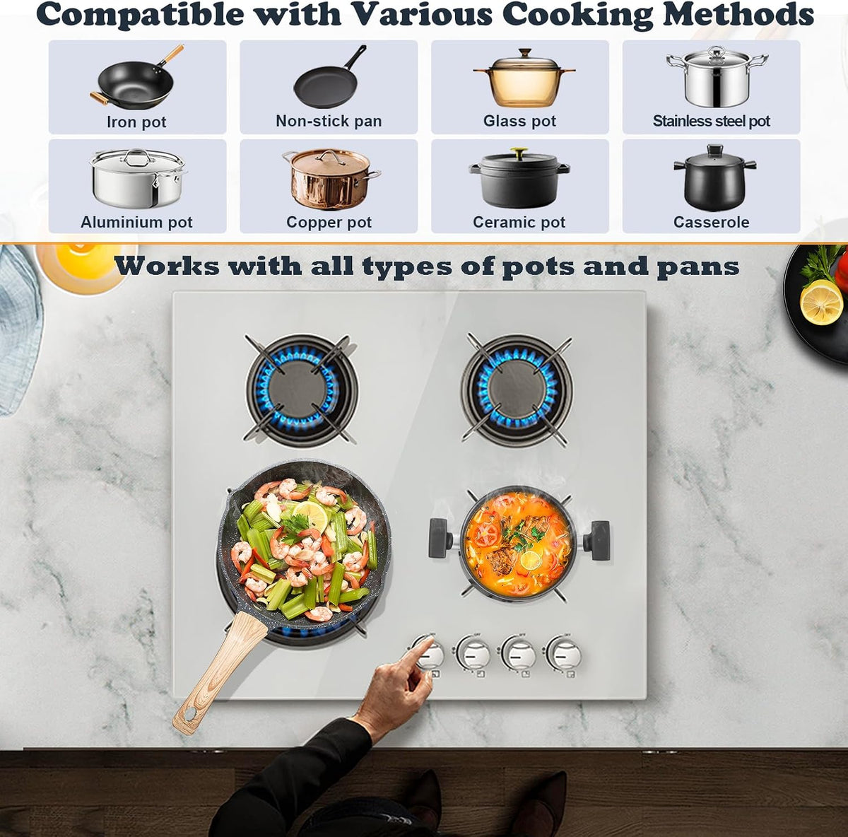 TopStrong Gas Hob 4 Burners, 60cm Black Glass Built-in Cooktop with 8060W Wok Burner & Thermocouple Protection, Natural Gas & LPG Compatible