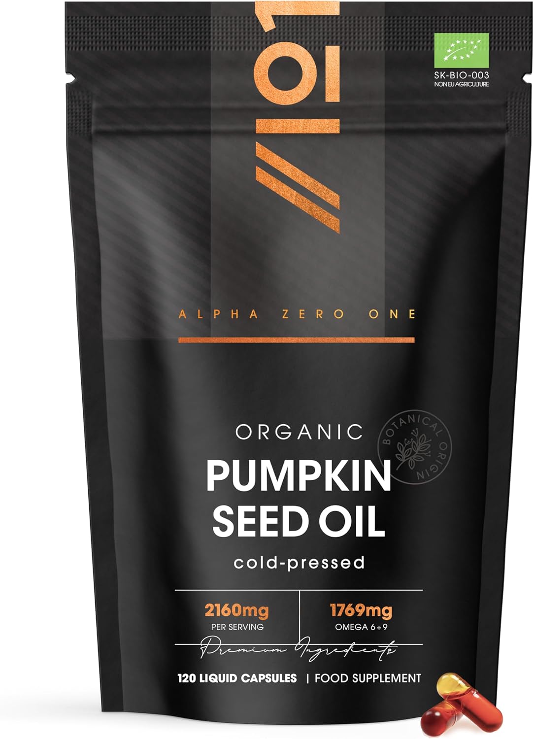 Organic Pumpkin Seed Oil 2160mg – 80% Linoleic & Oleic Acid – 120 Vegan Capsules – 1769mg Omega 6 & 9 – Virgin & Cold Pressed – By Alpha01