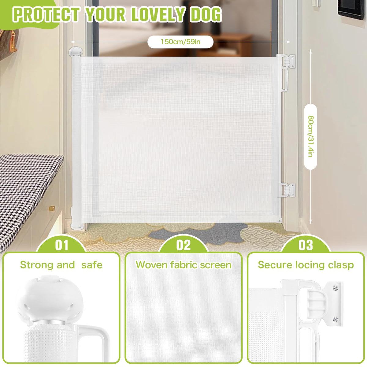 Rainberg Retractable Stair Gate for Baby & Pet with Secure 2-Step Lock 150cm Wide & 80cm Tall, One Hand Operated Baby Gate, Child Safety Gate for Doorways Stairs, Hallways, Kitchen (Grey)