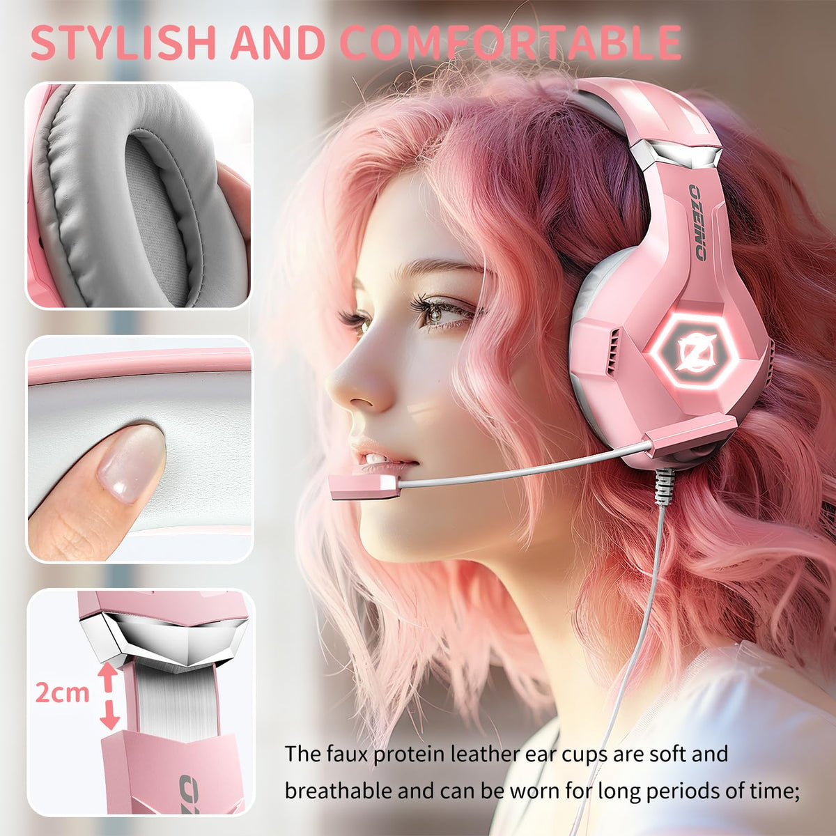 Ozeino Gaming Headset with Microphone for PS5/PS4/Xbox One/PC/Switch, Gaming Headphones with 3D Surround Sound & Noise Cancellation Pink