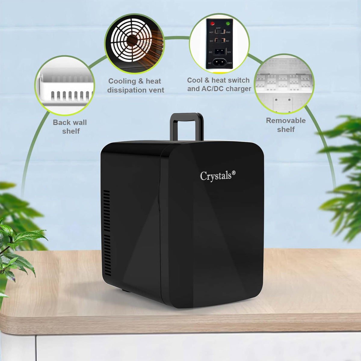 Crystals Mini Fridge, 10L Table Top Small Fridge Cooler & Warmer for Car Bedrooms Desk Office, 12V DC - 220 AC, Energy Efficient (Black)