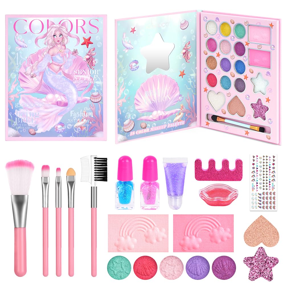 Aomig 18 Colors Kids Makeup Sets for Girls, Washable Children's Make Up Kit with Mirror, Non-Toxic Cosmetic Beauty Set Gift for Kids, Princess Pretend Play Games Toys Birthday