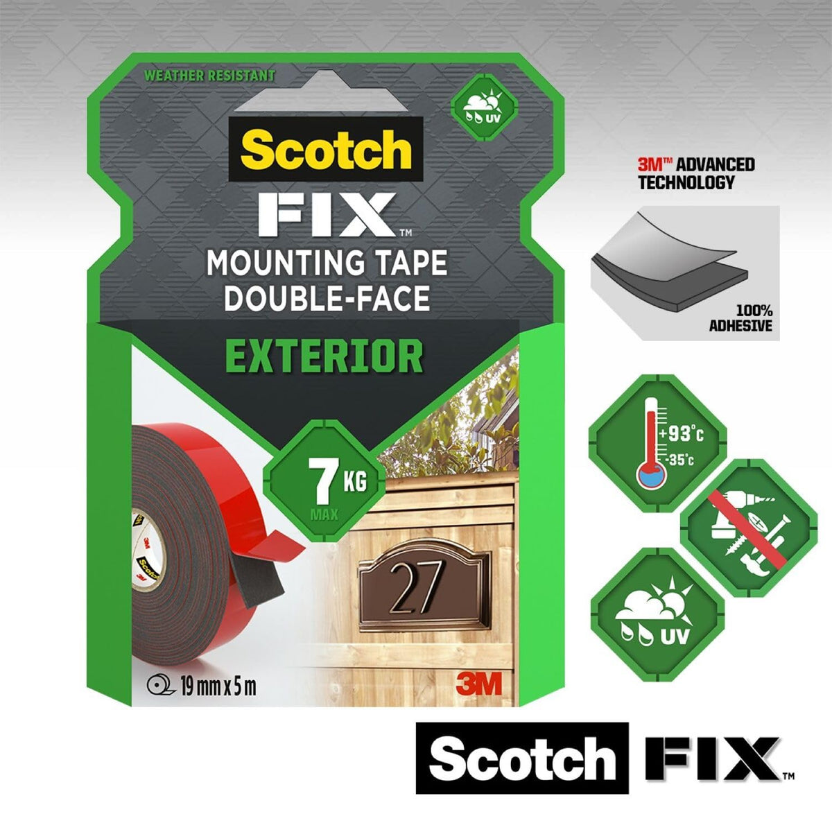 Scotch-Fix Double-Sided Extreme Exterior Mounting Tape, 19mm x 1,5m - For Outdoor Extreme Use, Weather Resistant, Permanent Tape, 100% Adhesive, 3M Advanced Technology - Holds up to 10kg