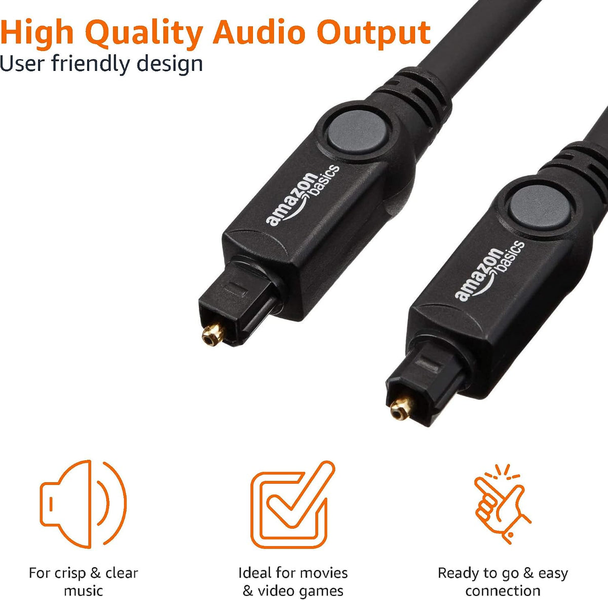 Amazon Basics Toslink Digital Optical Audio Cable, Multi-Channel, for Audio System, Sound Bar, Home Theatre, Gold-Plated Connectors, 3 m, Black
