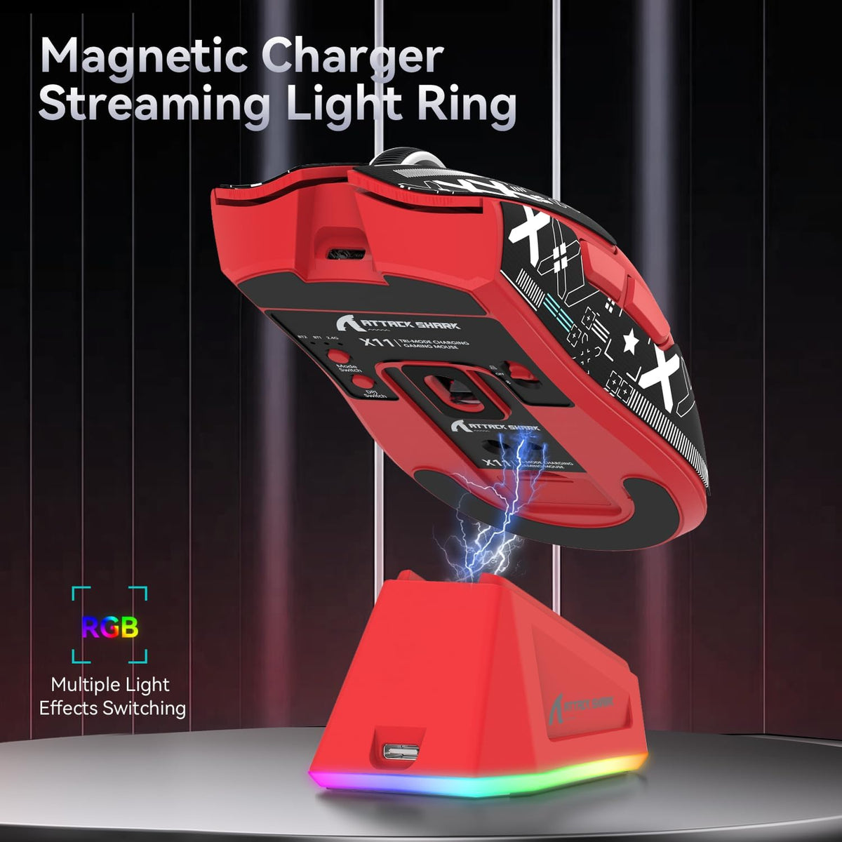 ATTACK SHARK X11 Gaming Mouse with Magnetic Charging Dock, PixArt PAW3311 Gaming Sensor, BT/2.4G Wireless/Wired Gaming Mouse with Mouse Grip Tape, 22000 DPI, Gamer Mice for Win11/Xbox/PS/Mac (Red)