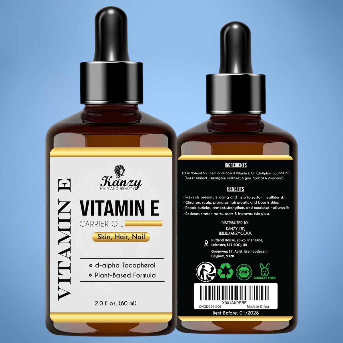 Kanzy Vitamin E Oil for Skin, Hair, Lips and Face - Naturally Sourced Multi-Purpose Plant-Based Vitamin E Oil for Hair Growth as Skincare and Haircare Product for both Men and Women (30 ml)