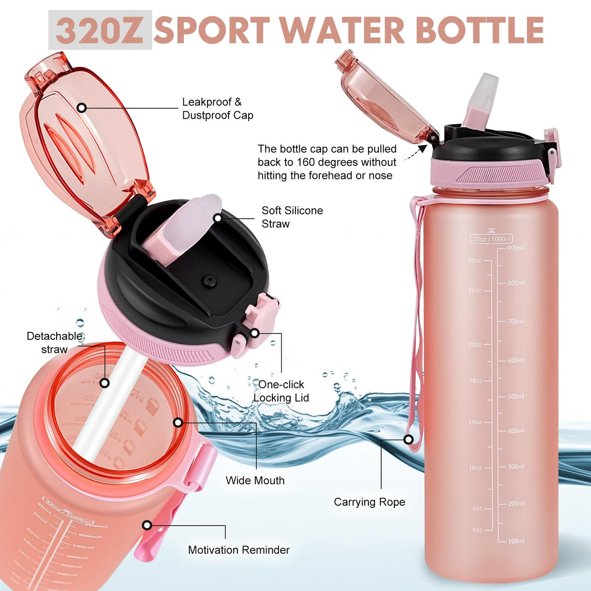 SEASEVEN Flat Water Bottle 750ML for Gym,School Office(Flat Pink)