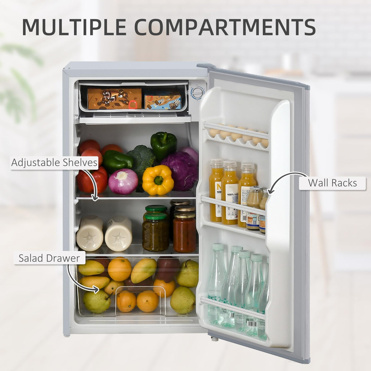 HOMCOM Under Counter Fridge 91L Small Fridge with Chiller Box Silver Tone