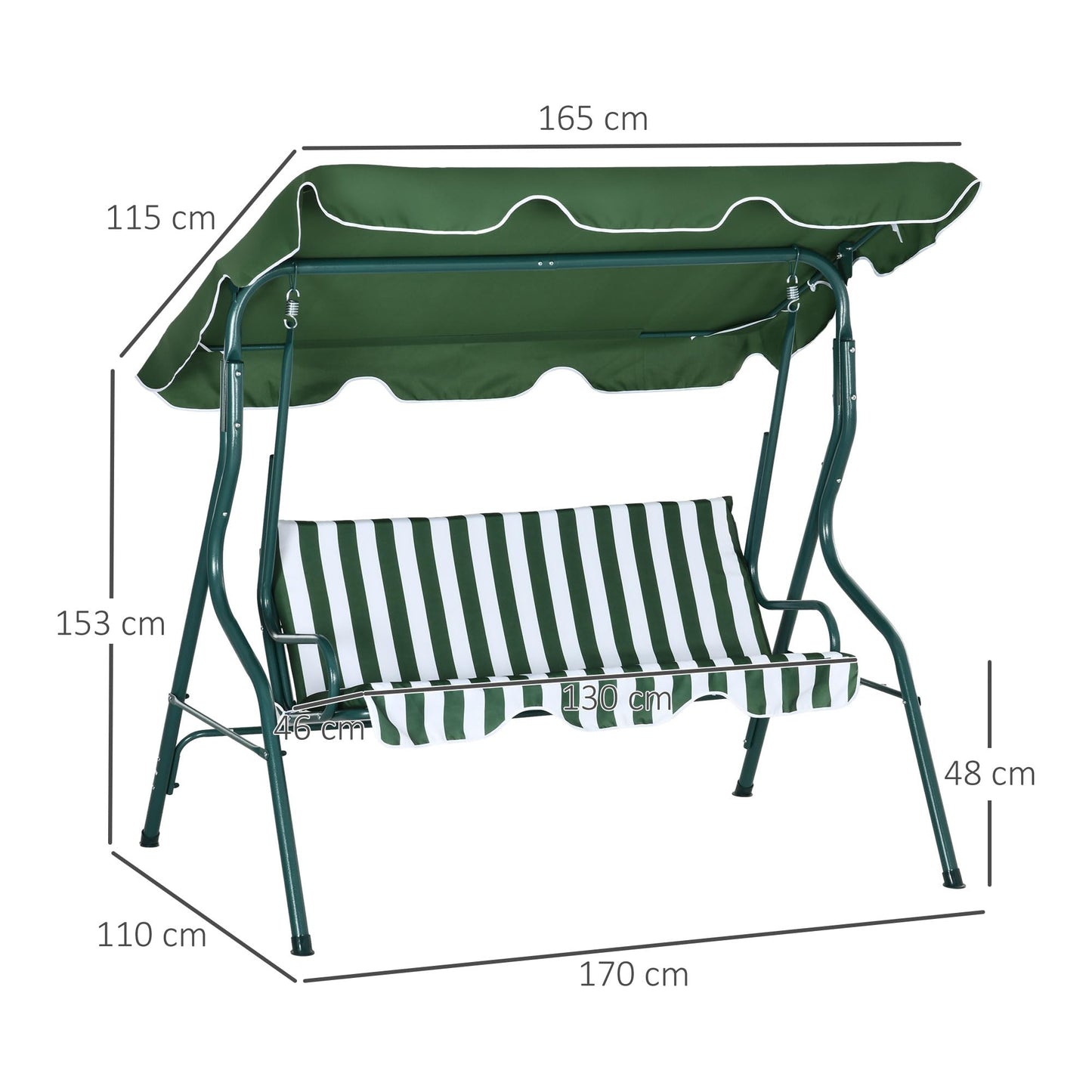 Outsunny 3 Seater Canopy Swing Chair Outdoor Garden Bench with Adjustable Canopy and Metal Frame - Blue Stripes