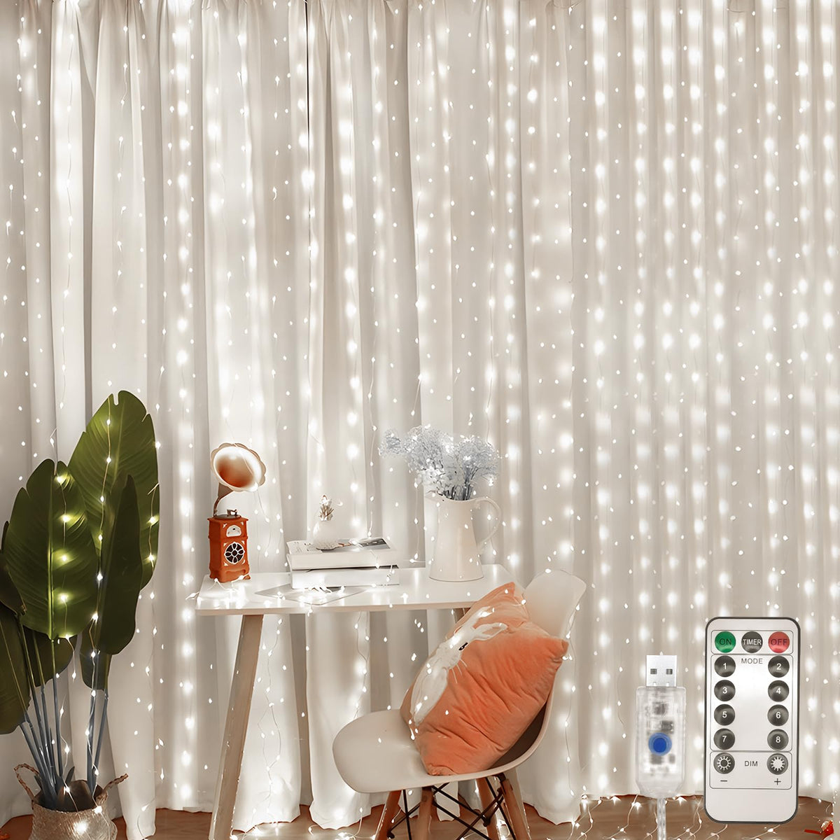 Jsdoin Curtain Fairy Lights, 3.6m x 3m 360leds USB Operated 8 Modes String Light Indoor Waterproof Hanging Window Lights with Hooks for Christmas, Wedding, Party,Wall, Home Decorations (Warm White)