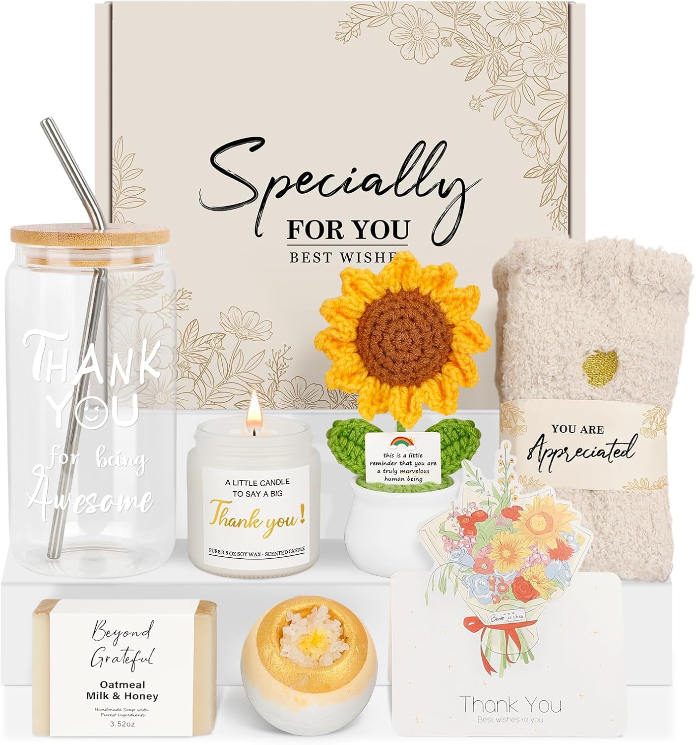 Thank You Gifts for Women, Teacher Appreciation Gifts, Thank You Baskets for Coworker Teachers Friends Mum Employees Nurse Secretary with Thanks Cards, Awesome Glass Cup