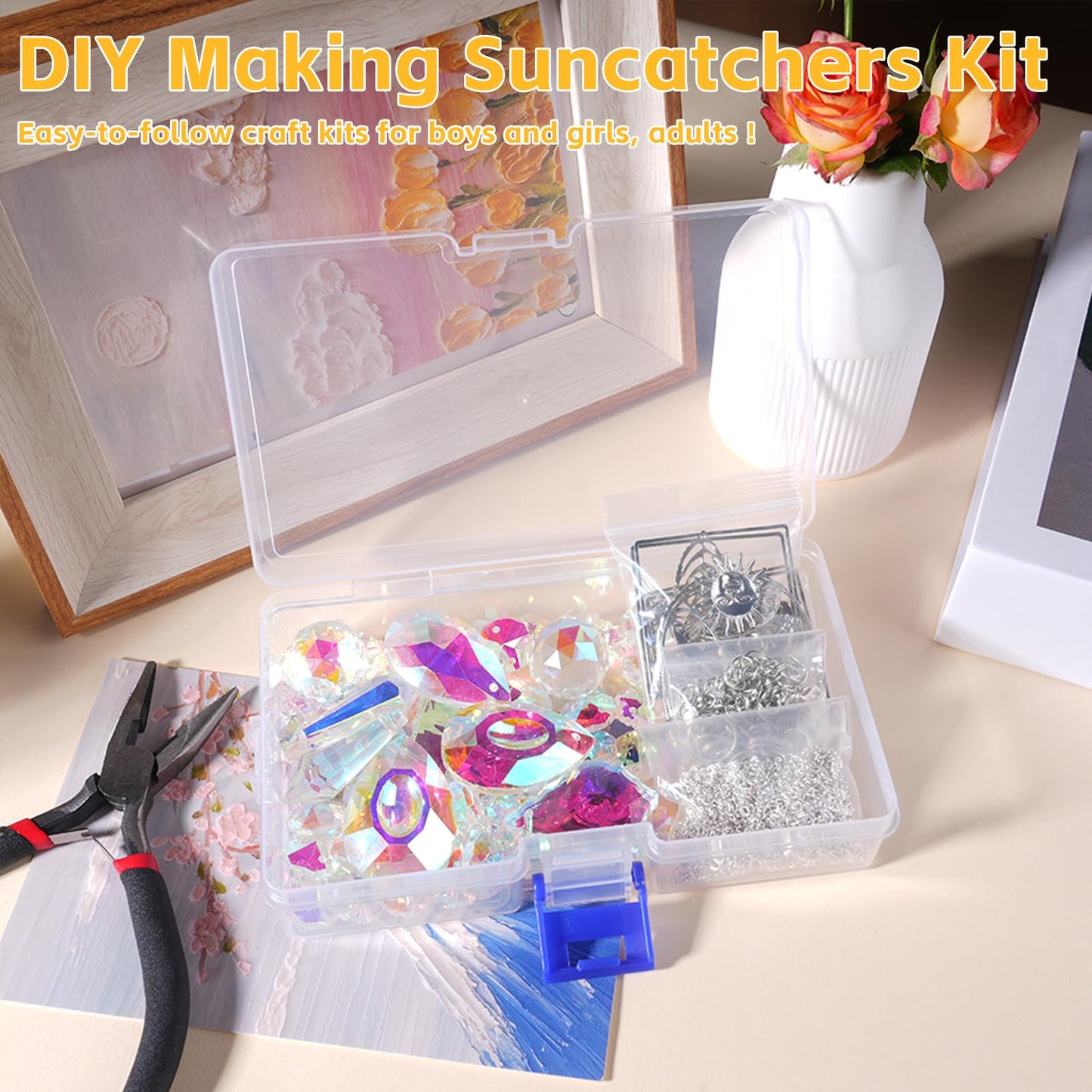 240PCS DIY Sun Catchers Making Kits for Adults, Crystal Suncatchers Kit with Colourful Prism Pearl Rainbow Maker for Windows, Hanging, Indoor, Outdoor, Garden Decor (Silver)