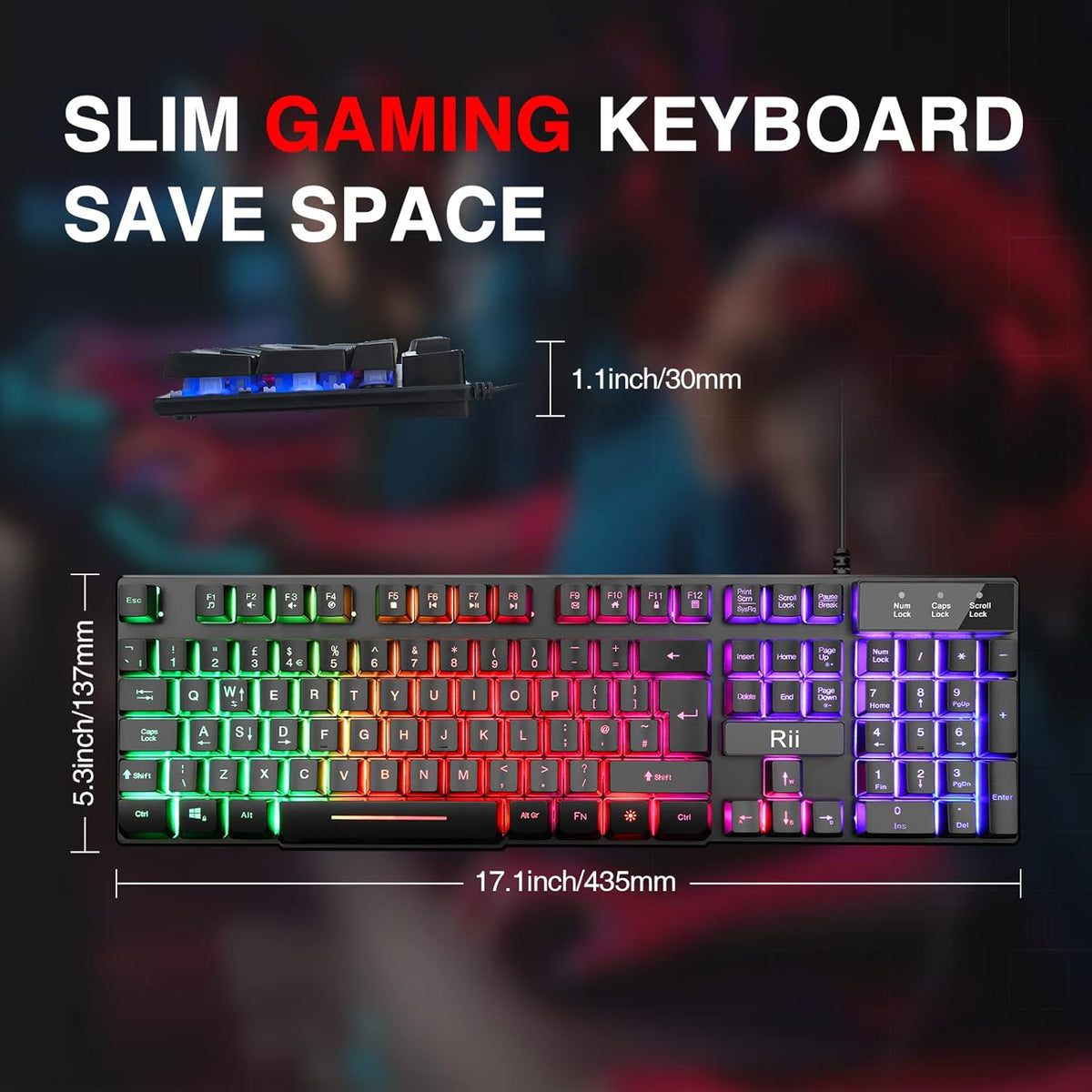 Rii Gaming Keyboard,USB Wired Keyboard with Rainbow LED Backlit Mechanical Feeling for Working Gaming (UK Layout)