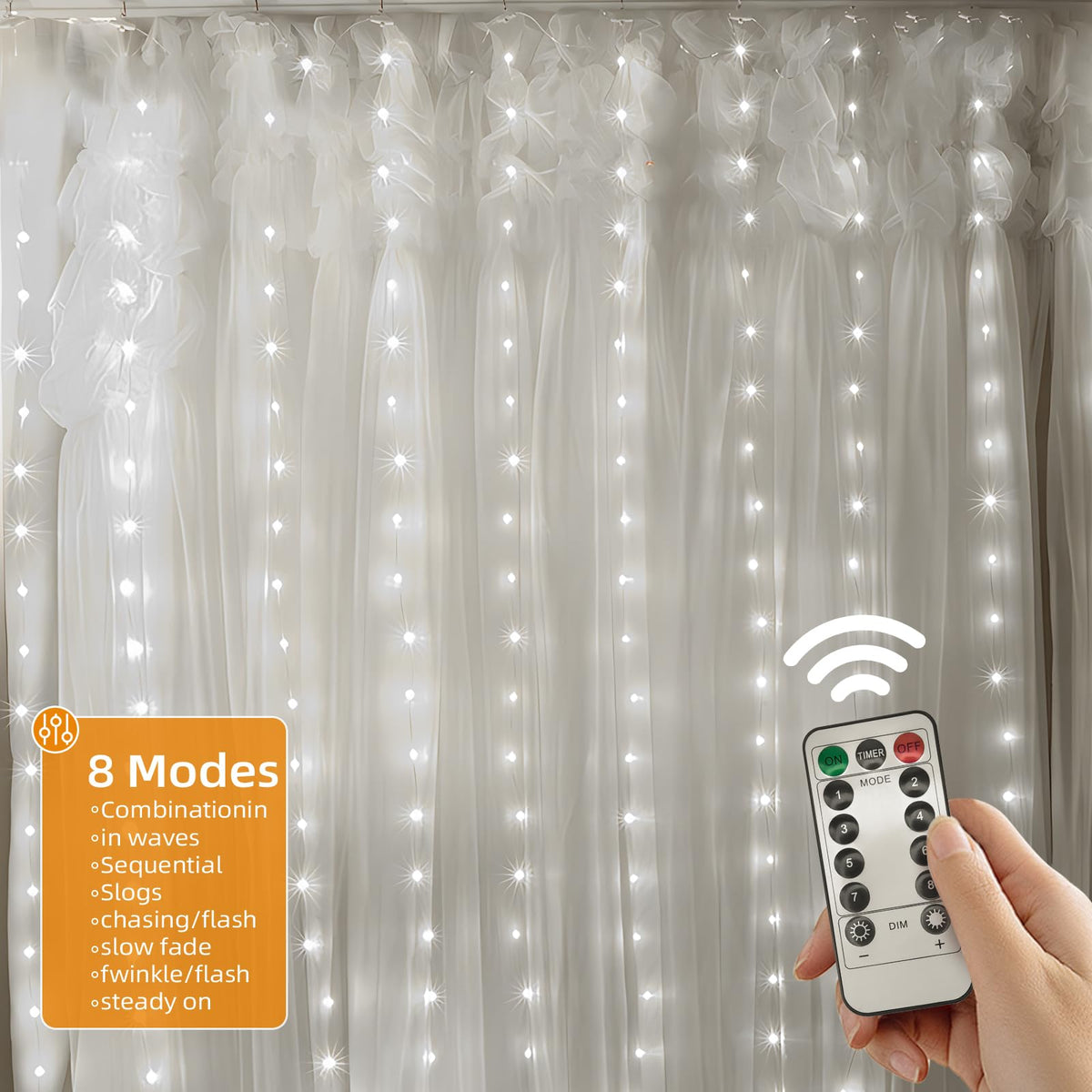 Jsdoin Curtain Fairy Lights, 3.6m x 3m 360leds USB Operated 8 Modes String Light Indoor Waterproof Hanging Window Lights with Hooks for Christmas, Wedding, Party,Wall, Home Decorations (Warm White)
