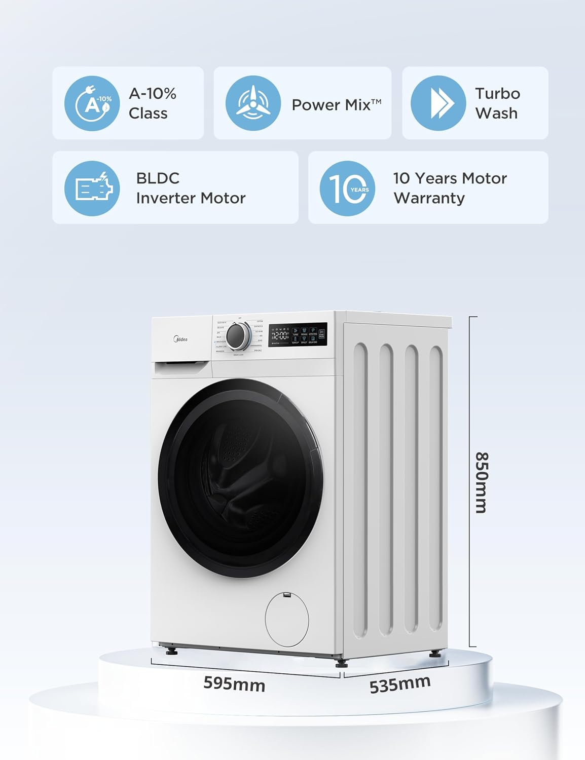 Midea 10kg Washing Machine A-10% Energy Class 1400rpm BLDC Motor Slim White