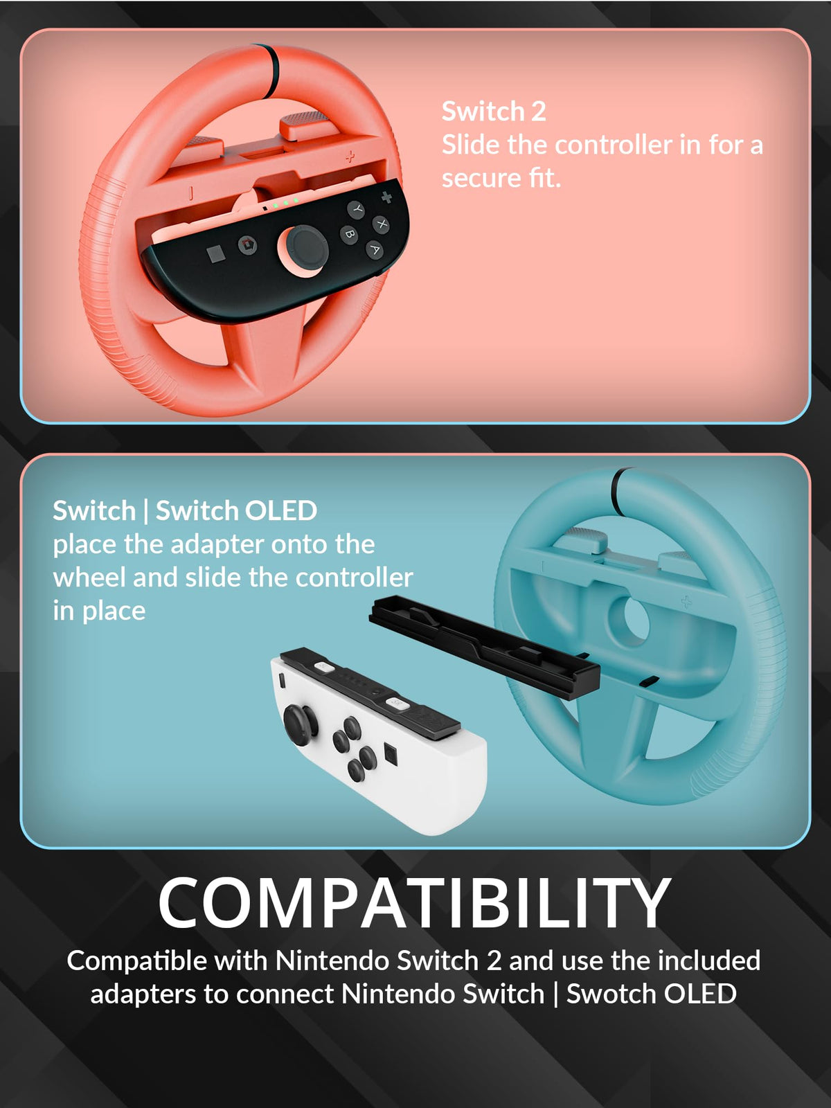 Orzly Racing Steering Wheels – Compatible with Switch 2 (2025 Console) – Party Pack of 4 Joy-Con Controller Attachments for Racing Games (2 Black, 1 Blue, 1 Red)