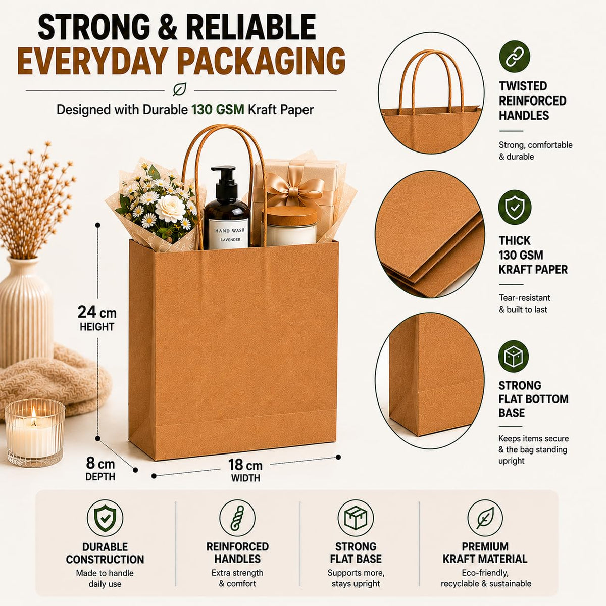 HURUC Brown Paper Bags with Handles 50 Pack Medium 130 GSM