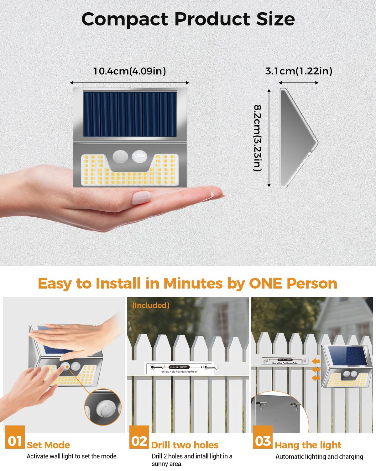 vighep Solar Security Lights Outdoor Motion Sensor, White 318LED Led Solar Powered Light with 3 Lighting Modes, IP65 Waterproof Wireless Pir Wall Light for Outside Garden Fence Yard-Warm White