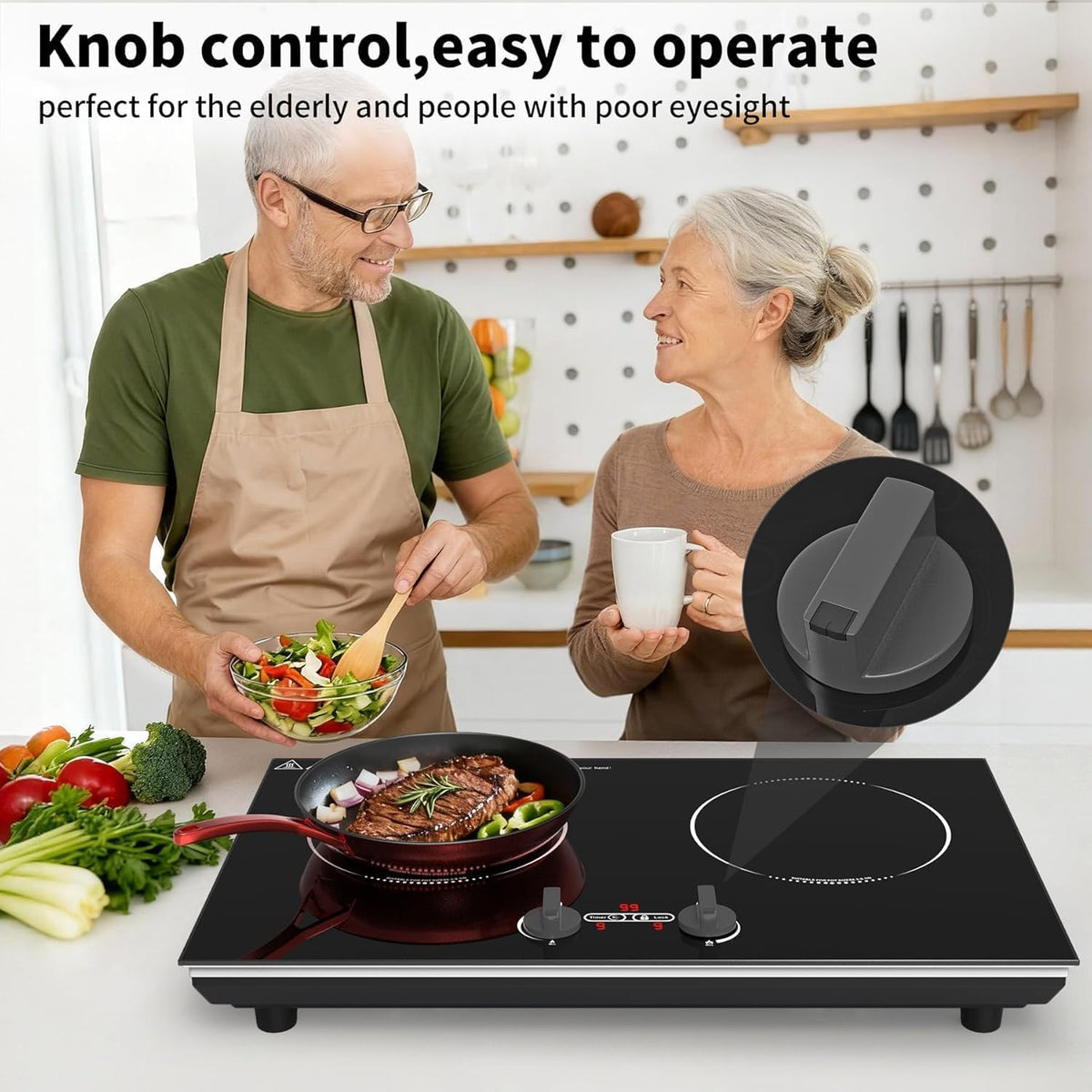 VBGK Double Induction Hob,220V 3600W 2 Ring Induction Hob with Knob Control,9 Power Levels, Kids Lock & Timer,LED Touch Control,Overheat Protection