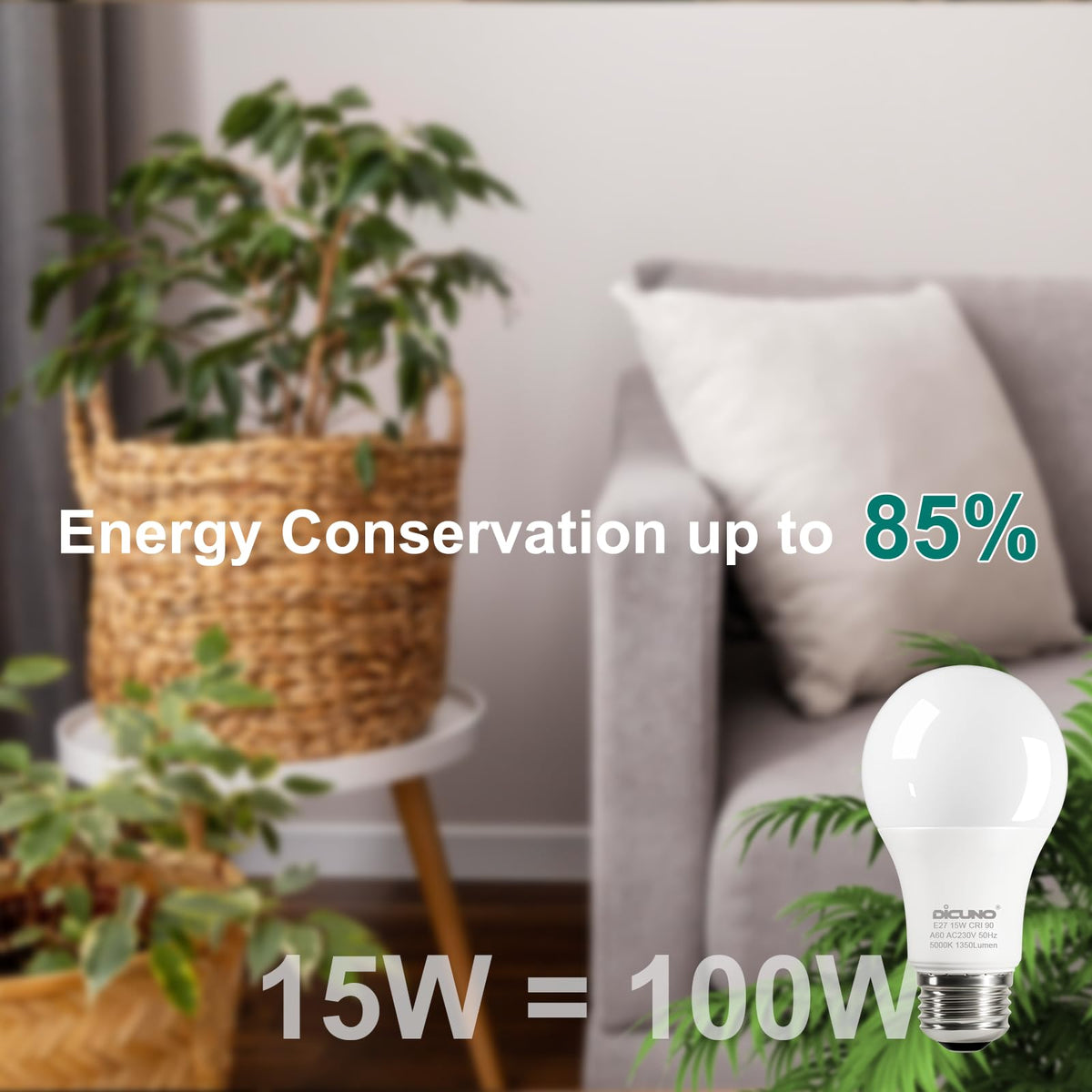 DiCUNO E27 Screw LED Bulb, 9W=60W, Daylight White 5000K, 806LM, 2Pcs