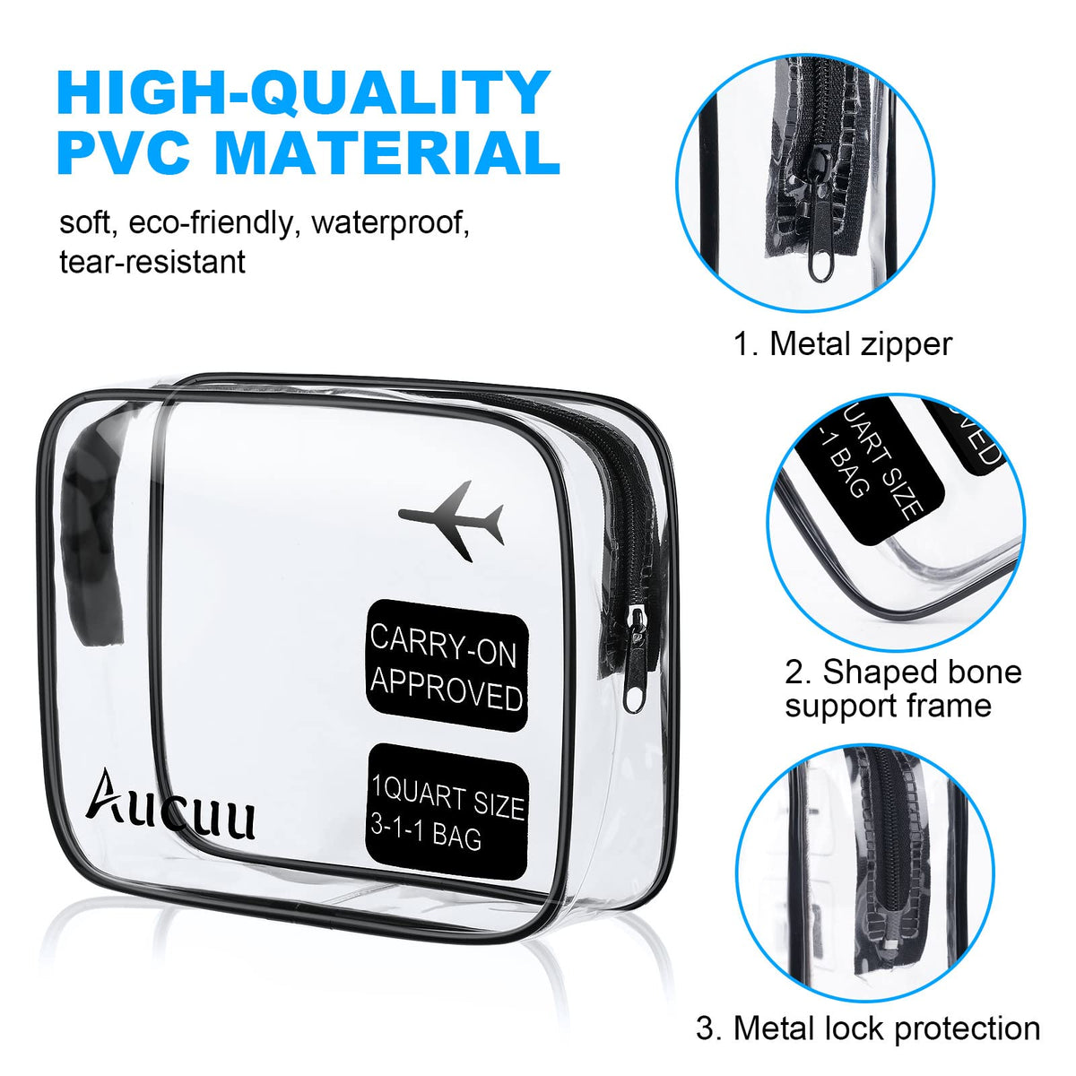 Aucuu Clear Toiletries Bag, 3 Pack PVC Waterproof Toiletries Carry Pouch, TSA Approved Travel Toiletry Bag with Zipper, Multi-Size Cosmetic Makeup Bags for Men, Women and Kids - Travel Business
