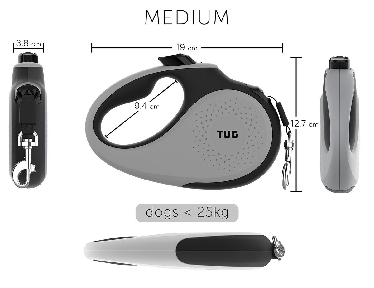 TUG 360° Tangle-Free Retractable Dog Lead for Up to 25 kg Dogs | 5 m Strong Nylon Tape | One-Handed Brake, Pause, Lock (Medium, White/Orange)