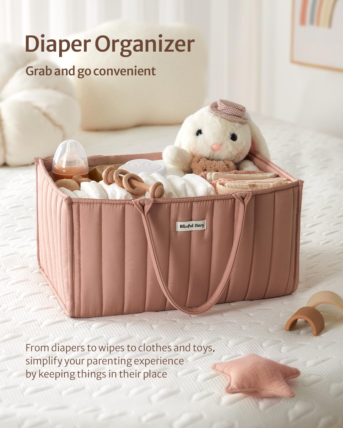 Blissful Diary Nappy Caddy Organiser, Baby Diaper Caddy for Nappy Station, Stylish Storage Basket for Newborn Essentials, Baby Shower Gifts for Girl or Boy, Woodland Cream