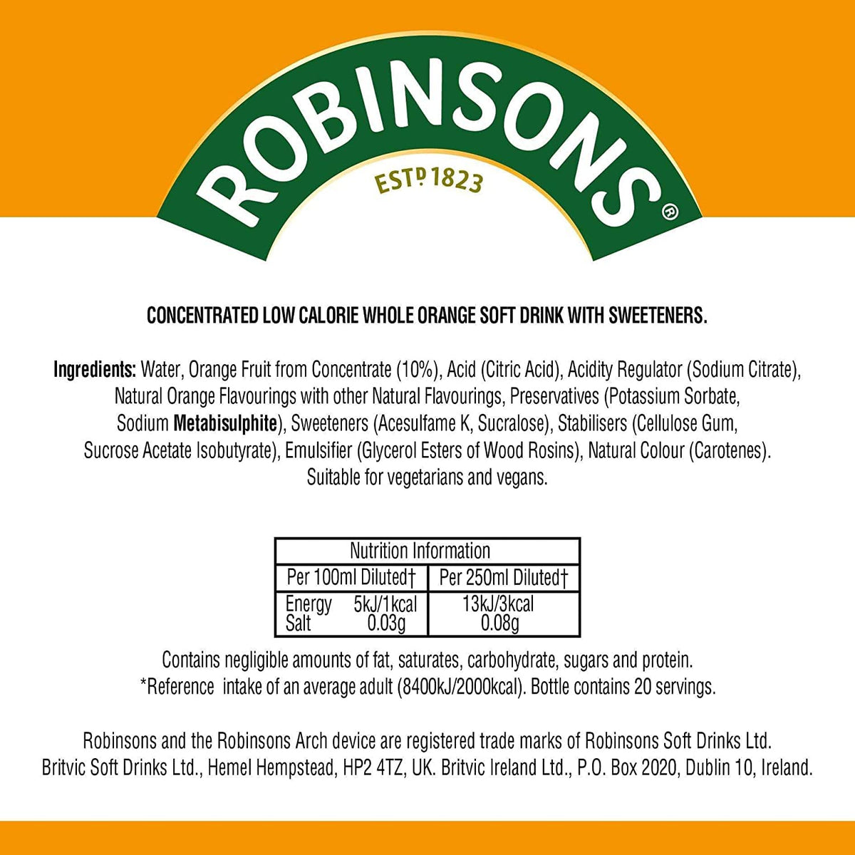 Robinsons Fruit Squash - Low Calorie - Double Strength - Orange 1.75 Litre