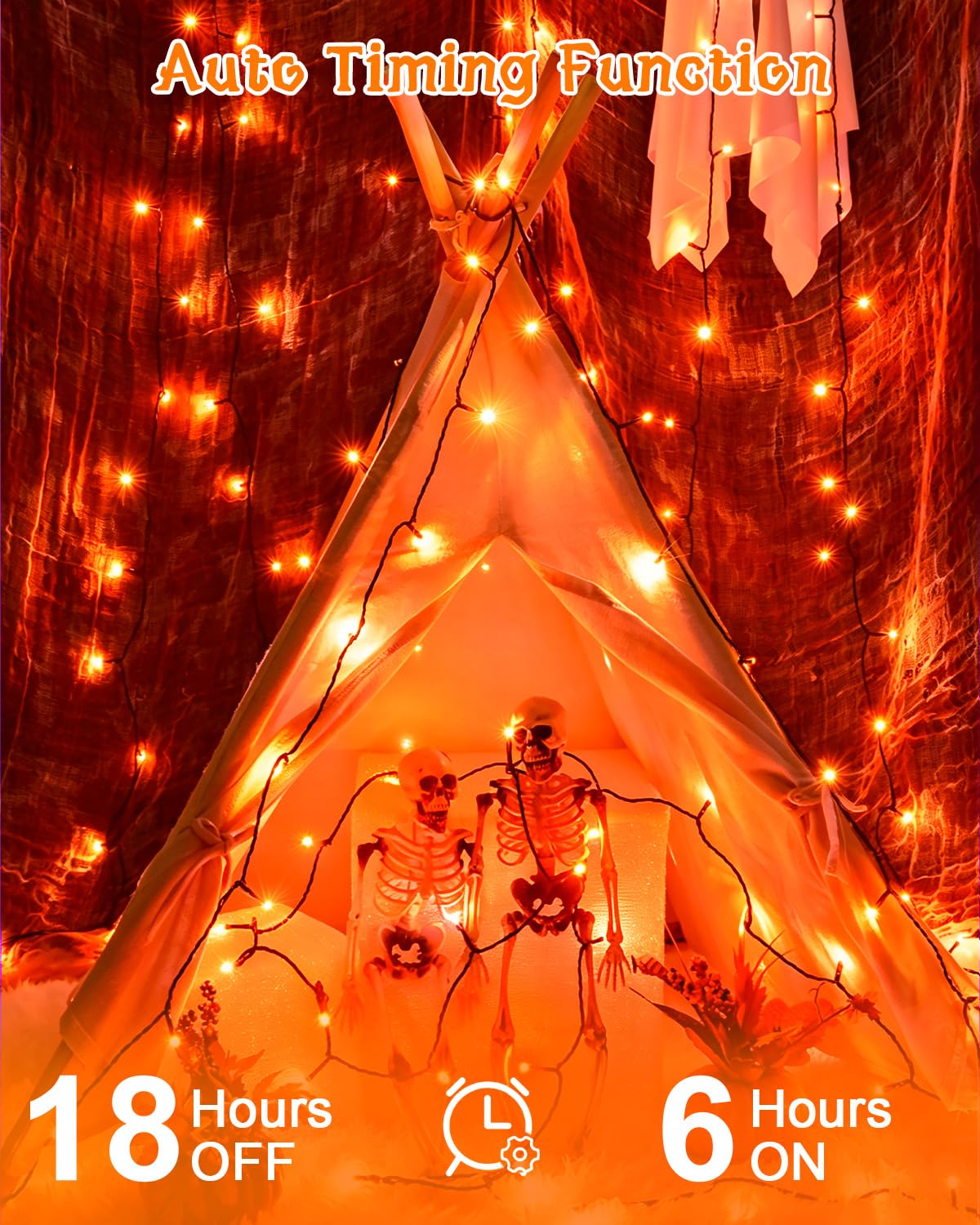 Dalugo Halloween Decoration Lights, 5M 50 LED Orange Purple White Fairy Lights with Timer, IP65 Waterproof Battery Powered Lights for Indoor Outdoor Autumn Halloween Decorations(Green Wire)