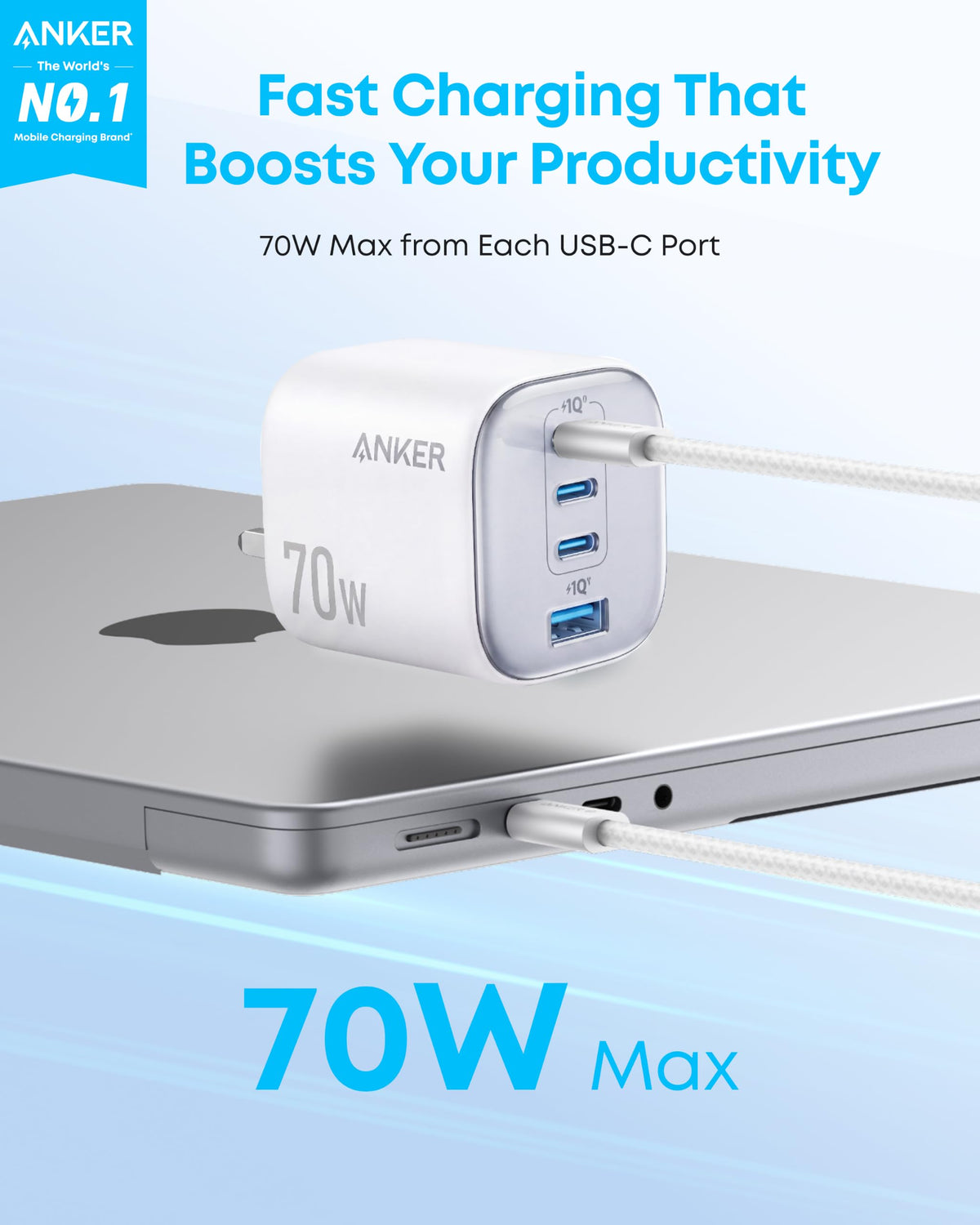 Anker Zolo 70W Fast usb c Charger, 4-Port Folable Laptop Adapter Plug