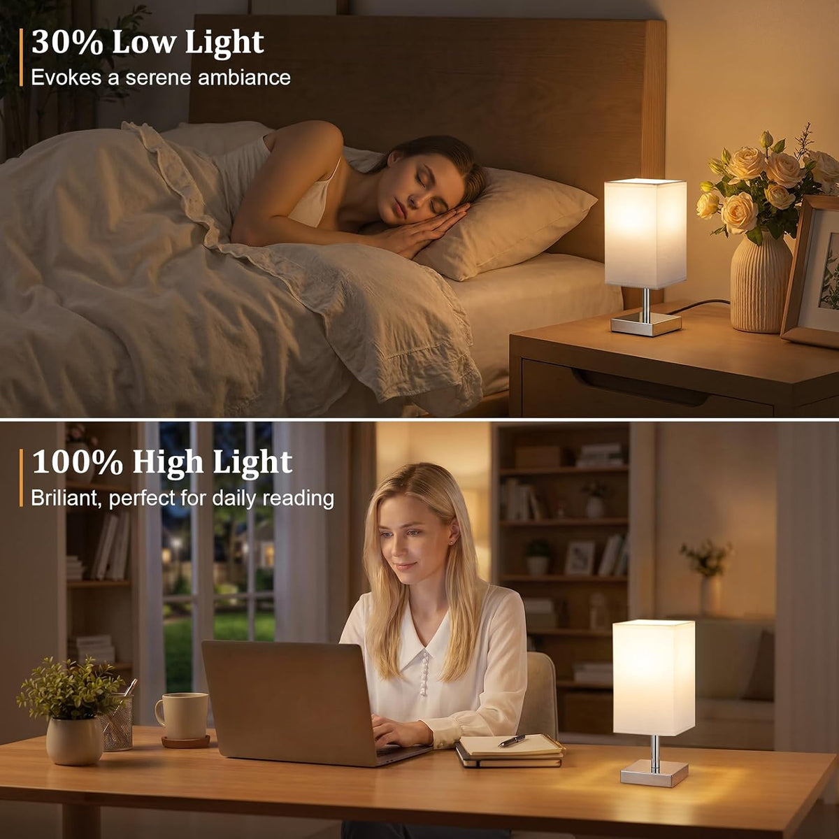 White Table Lamp for Bedroom, Small Bed Lamp with for Bedroom, Silver Base(Bulb Included)