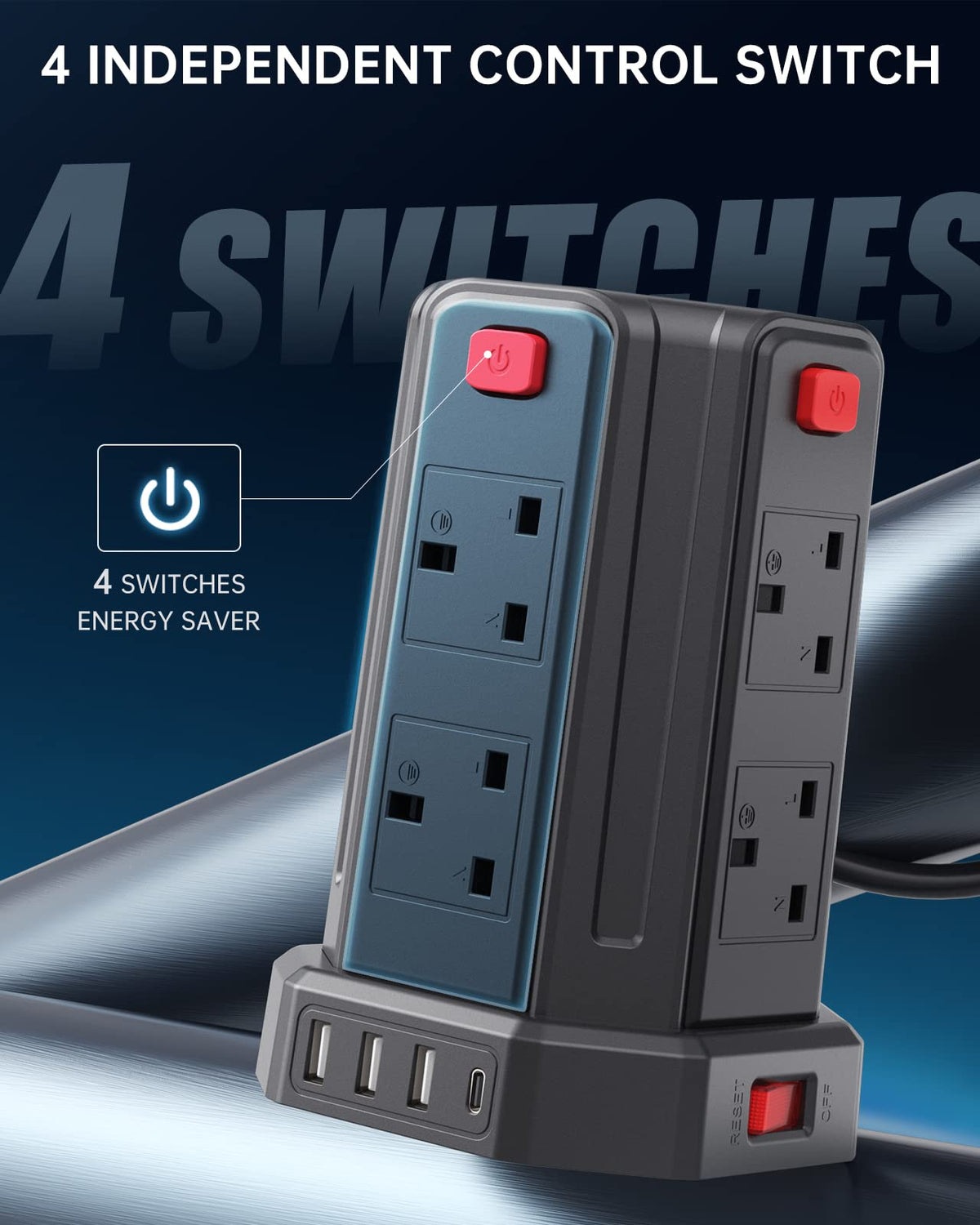 Tower Extension Lead 3M, 8 AC Outlets and 4 USB Ports Extension Tower