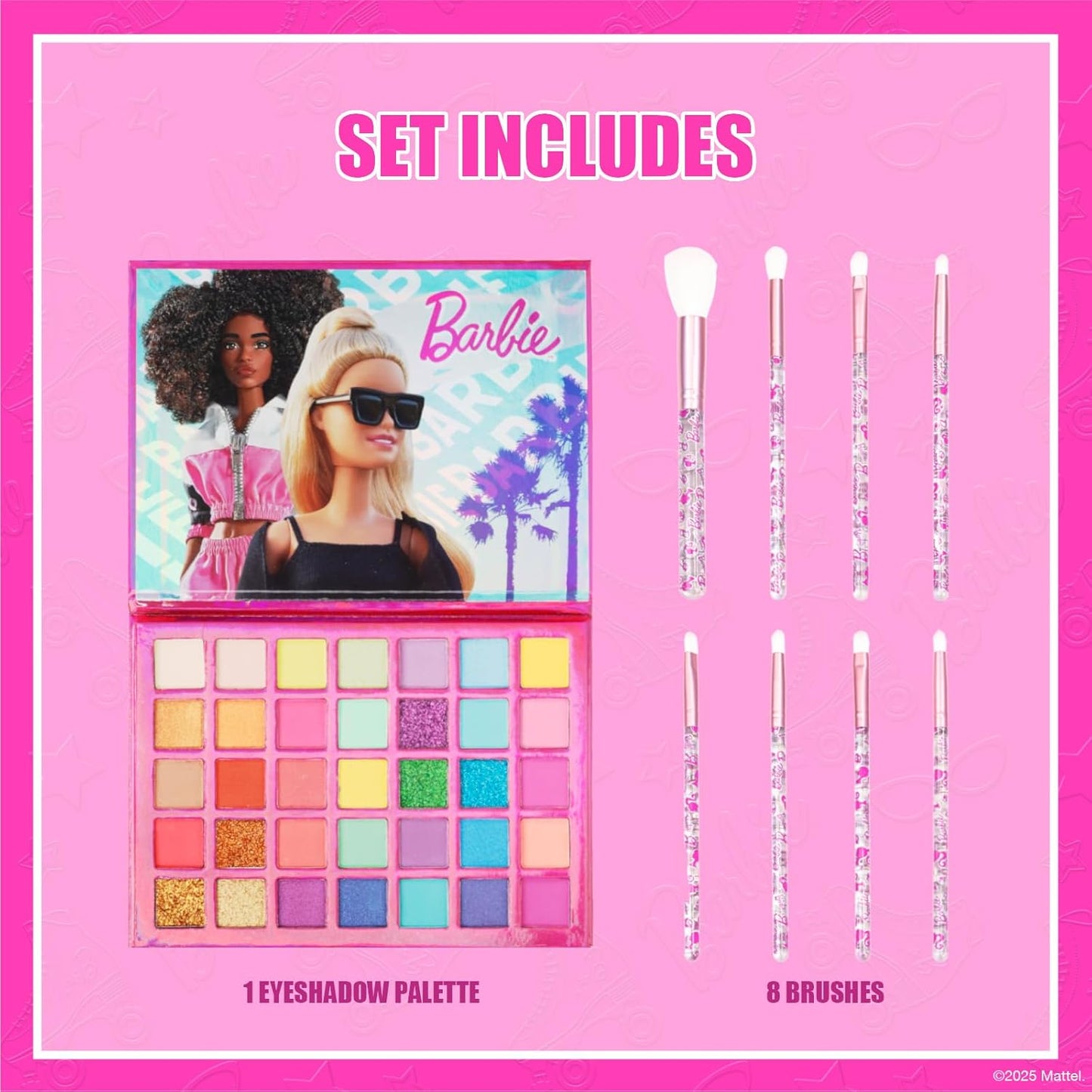 Barbie 35-Well Shadow Palette, Shimmery and Opaque Colors, Pigmented Blendable, 8 Application Brushes Perfect for Parties, Sleepovers & Makeovers by Townley Girl